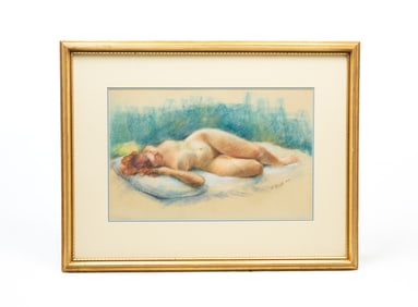 E. GOOD (AMERICAN, 20TH CENTURY) PASTEL OF A RECLINING FEMALE NUDE, DATED 1949.