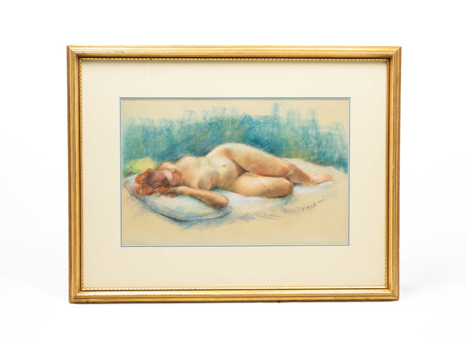 E. GOOD (AMERICAN, 20TH CENTURY) PASTEL OF A RECLINING FEMALE NUDE, DATED 1949.: On paper. A reclining nude woman with red hair, signed "E. Good 1949" at lower right. Matted and in a modern gilt wood frame. Sight, 15"h. 23.25"w. Frame, 26"h. 33.5"w.