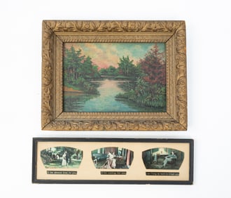 TWO AMERICAN FRAMED ITEMS, INCL. OIL ON BOARD CREEK LANDSCAPE.