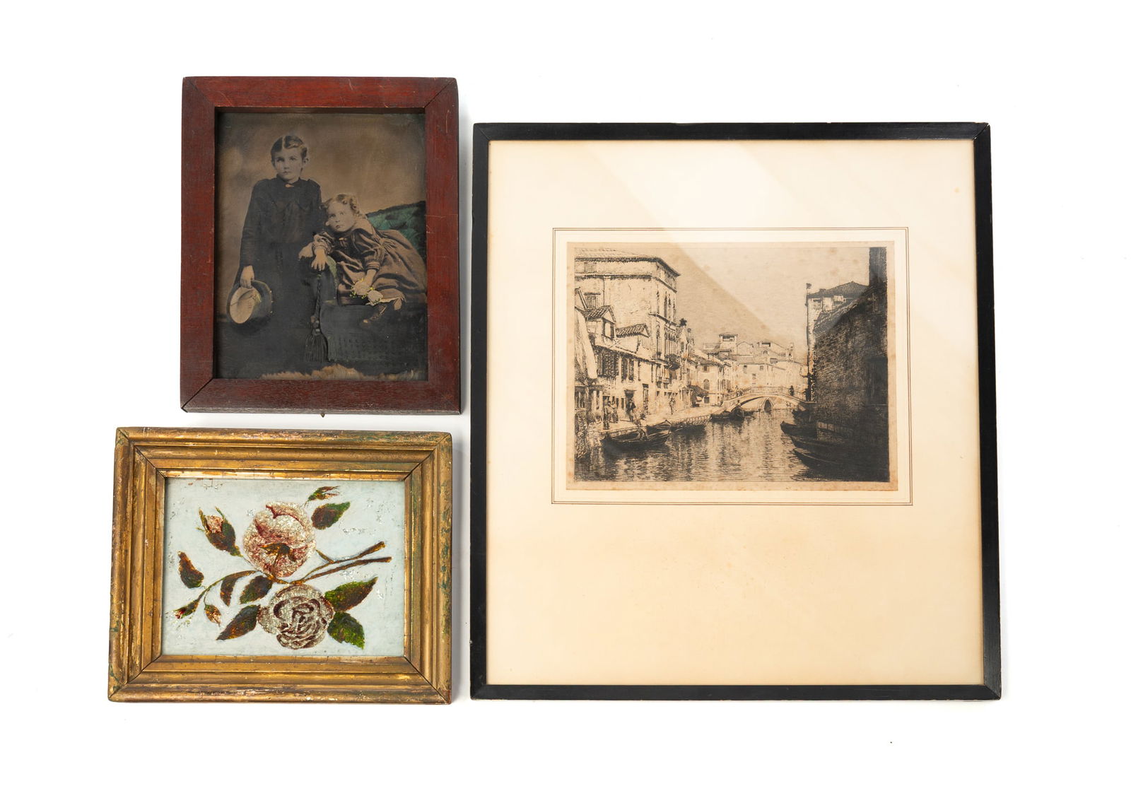 THREE FRAMED ITEMS, INCL. LUCIEN MARCELIN GAUTIER (FRENCH, 1850-1925) "A VENETIAN CANAL" ETCHING. (1 of 5)