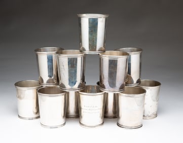 TWELVE KENTUCKY SILVER JULEP CUPS, ONE IS JOHN KITTS COIN SILVER LOUISVILLE.