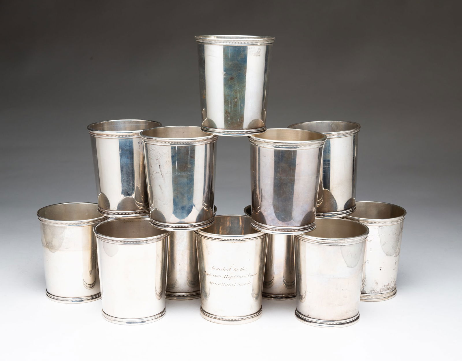 TWELVE KENTUCKY SILVER JULEP CUPS, ONE IS JOHN KITTS COIN SILVER LOUISVILLE. (1 of 3)
