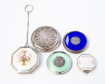 FIVE STERLING SILVER COMPACTS.