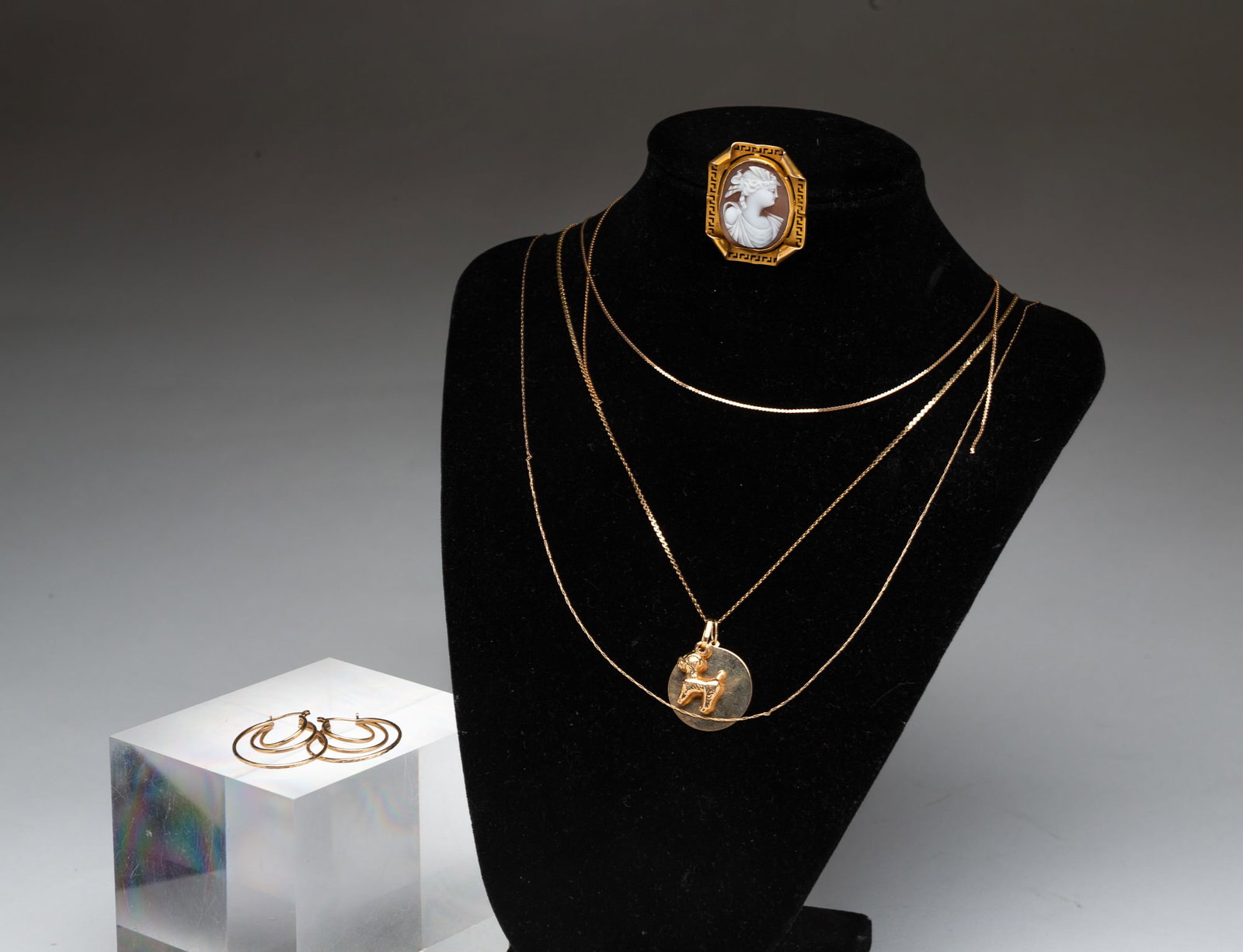 GROUPING OF ASSORTED GOLD JEWELRY.: Contemporary. A 10k yellow gold cameo brooch, a 14k yellow gold necklace with two charms; a poodle and an engraved round, 18.5"l., a pair of 14k yellow gold hoop earrings, and two broken thin 14k