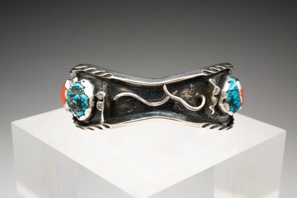 MARIE YAZZIE NAVAJO TURQUOISE AND CORAL WATCH CUFF.