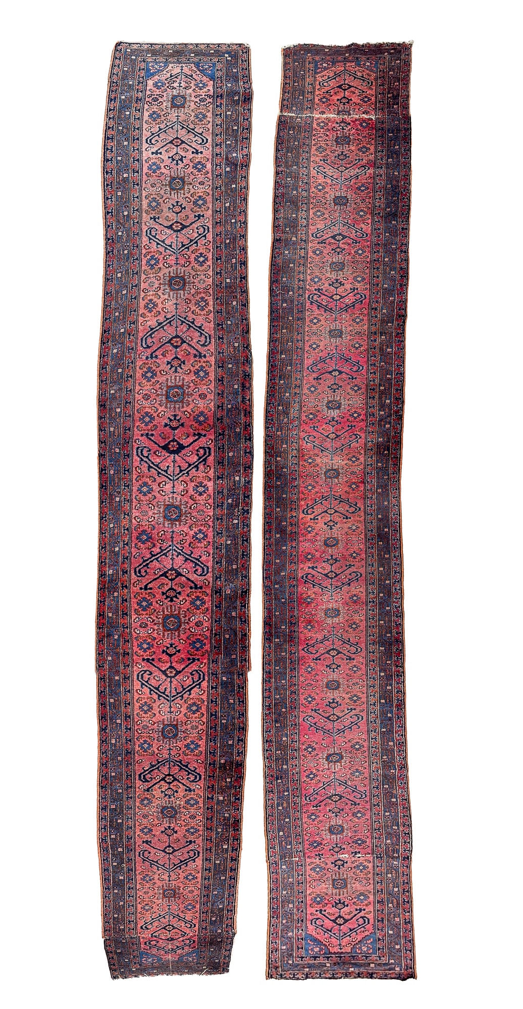 TWO PERSIAN MAHAL STAIR RUNNERS.: 20th Century. Burgundy fields, rust and blue borders and multicolor floral and geometric patterns 2'7"w. 17'l. and 2'4"w. 22' 2"l.