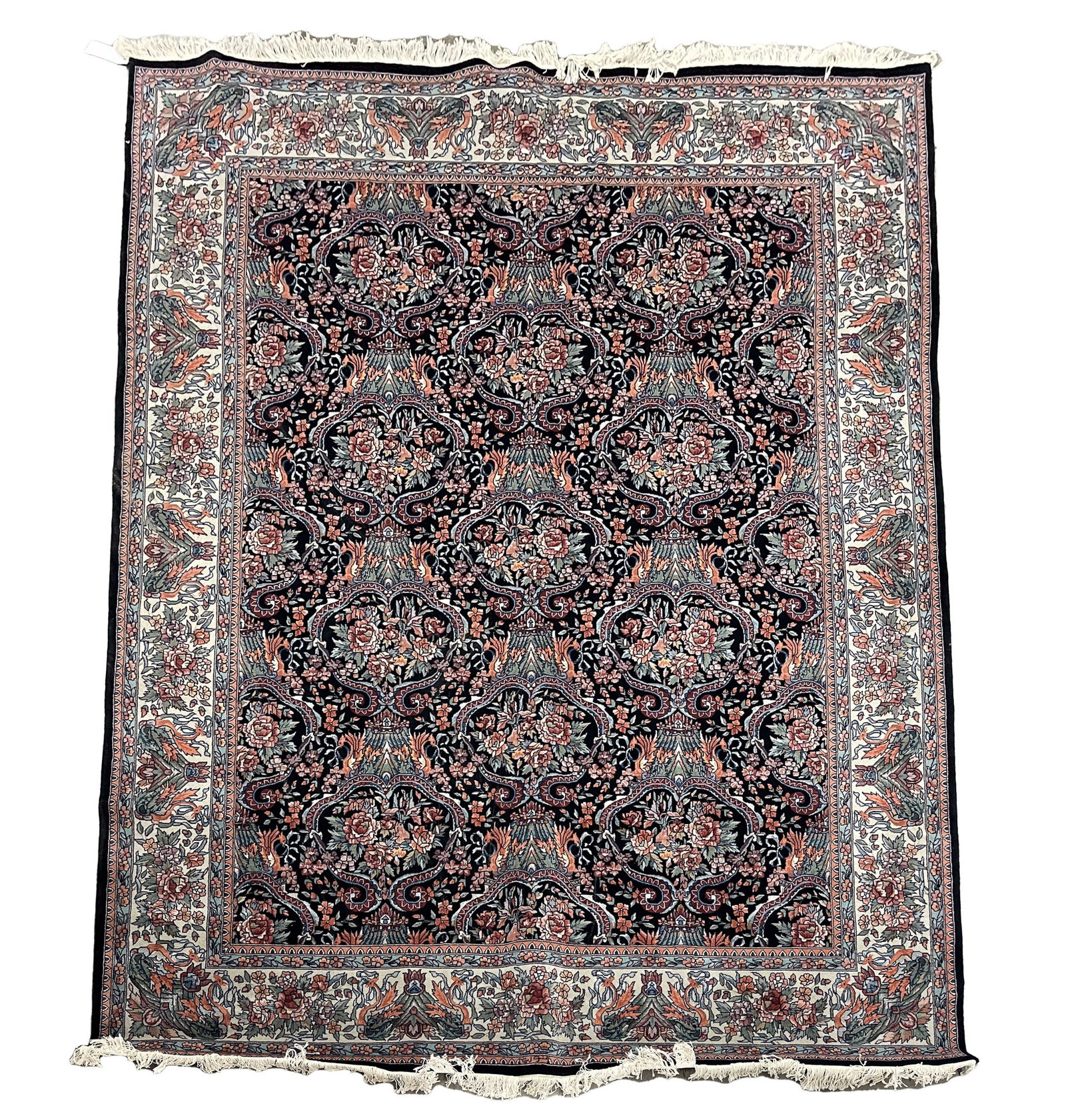 CHINESE SINOPERSIAN STYLE ROOM SIZE RUG.: 20th Century. Silk and wool blend. Black field, cream border, and overall floral pattern. 7' 9"w. 9' 9"l.