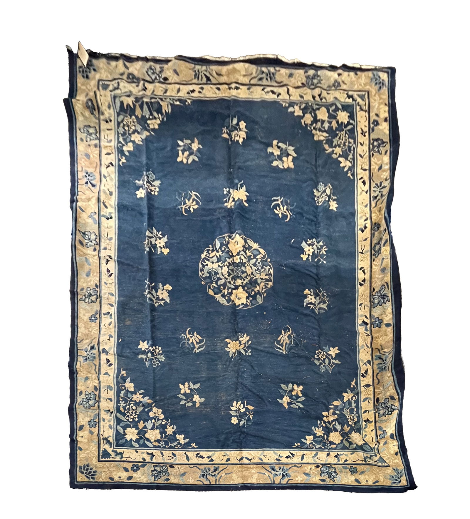 CHINESE PEKING ROOM SIZE RUG.: Early 20th Century. Central floral medallion, blue field, beige and tan border and overall floral pattern. 9'w. 12'l.