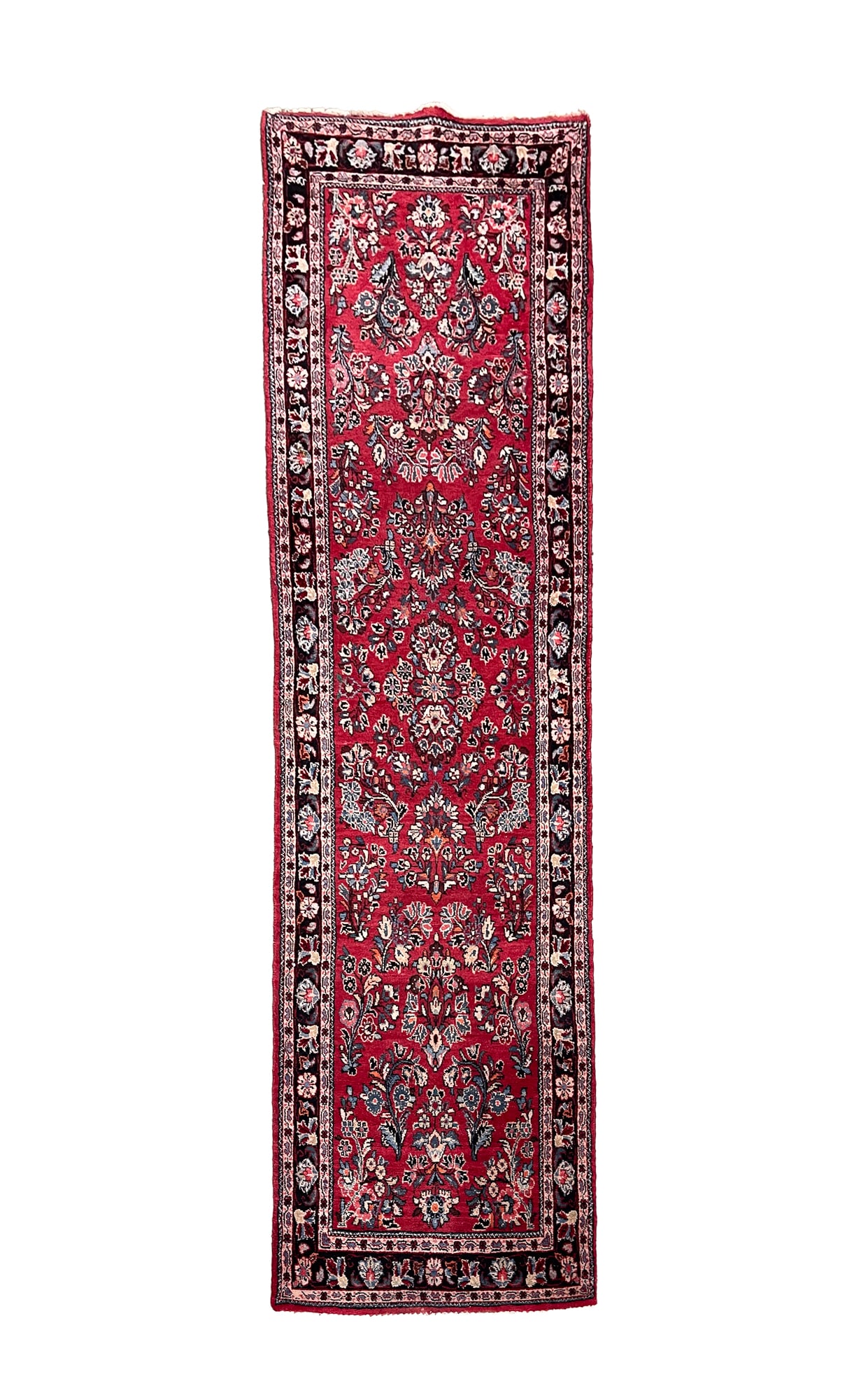 ORIENTAL WOOL RUNNER.: 20th Century. Hand-knotted. Red field, cream and black borders and multi-colored overall floral pattern. 2.7.5'w. 9' 2"l.Provenance: From the Lifetime Collection of the late Dave & Jeanne Kessler (Del