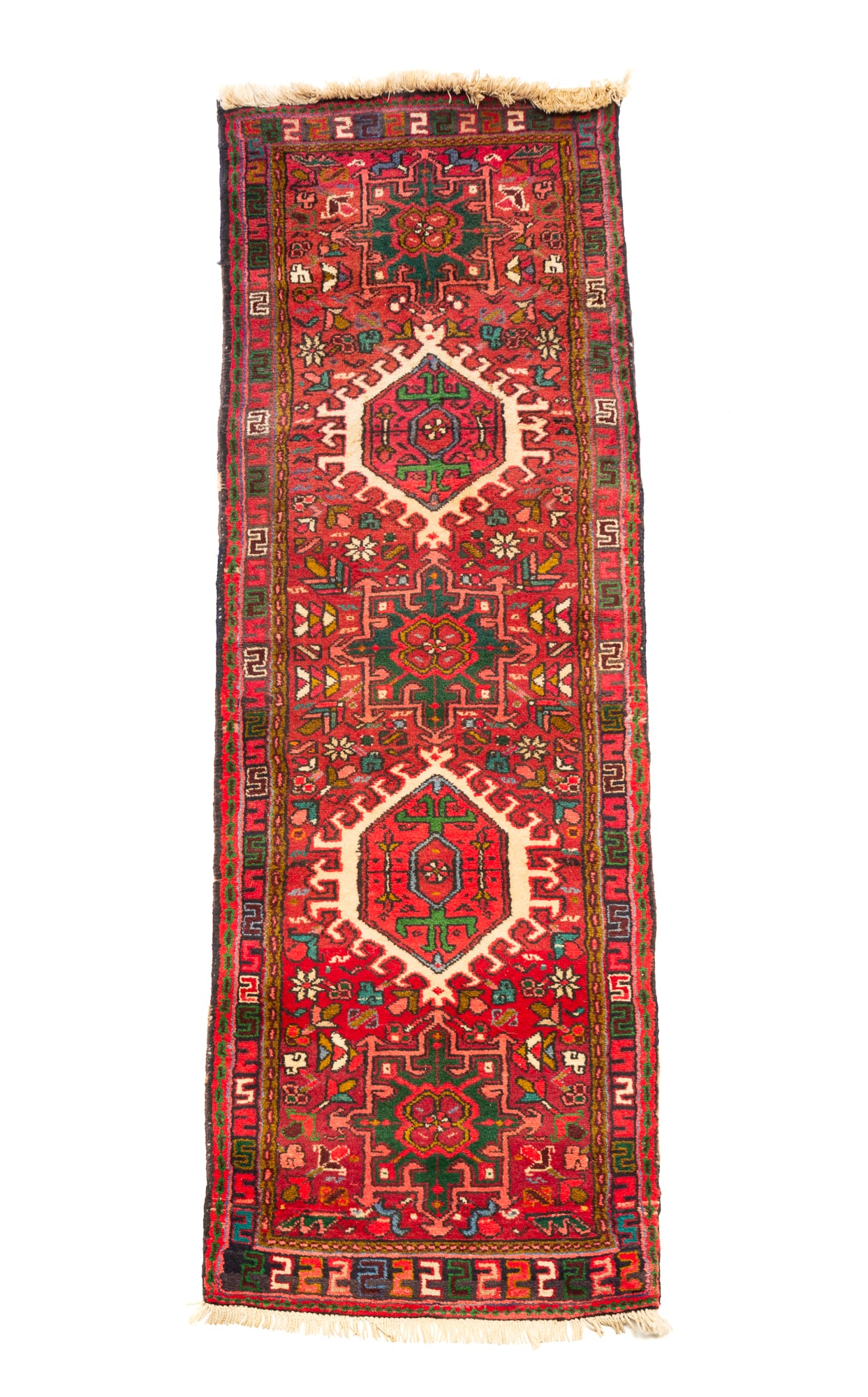 CAUCASIAN RUNNER.: Second half 20th Century. Wool. Five medallion center, burgundy field, green, gray, and red borders, and multi-colored geometric pattern. 2'2"w. 6'6"l.
