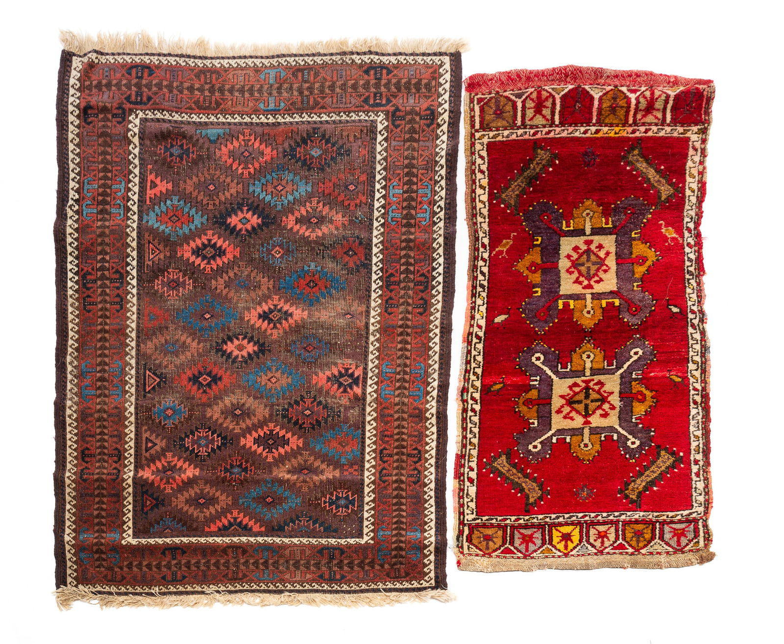 TWO HAND-KNOTTED SCATTER RUGS.: Early 20th Century. Tan field with geometric medallions and multiple borders. 3'w. 4'l. Second with square medallions, red field and multicolored geometric accents. 1'8"w. 3'10"l.