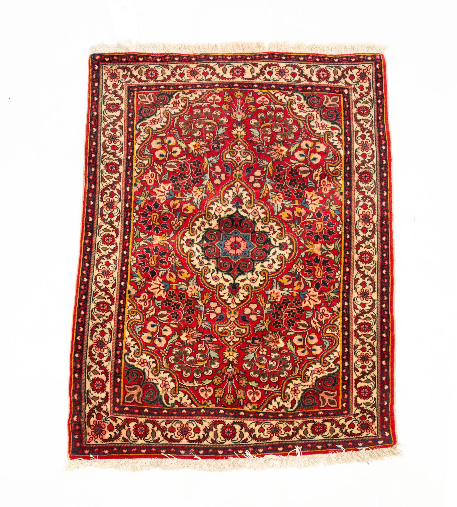 PERSIAN SCATTER RUG.: Second half 19th Century. Wool. Center medallion, red field, blue and cream borders, and overall multi colored floral pattern. 2'4.5"w. 3'2"l.