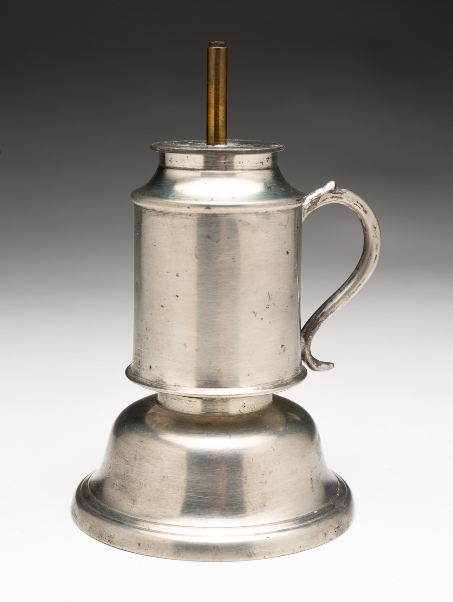 AMERICAN PEWTER WHALE OIL PETTICOAT LAMP. (1 of 4)