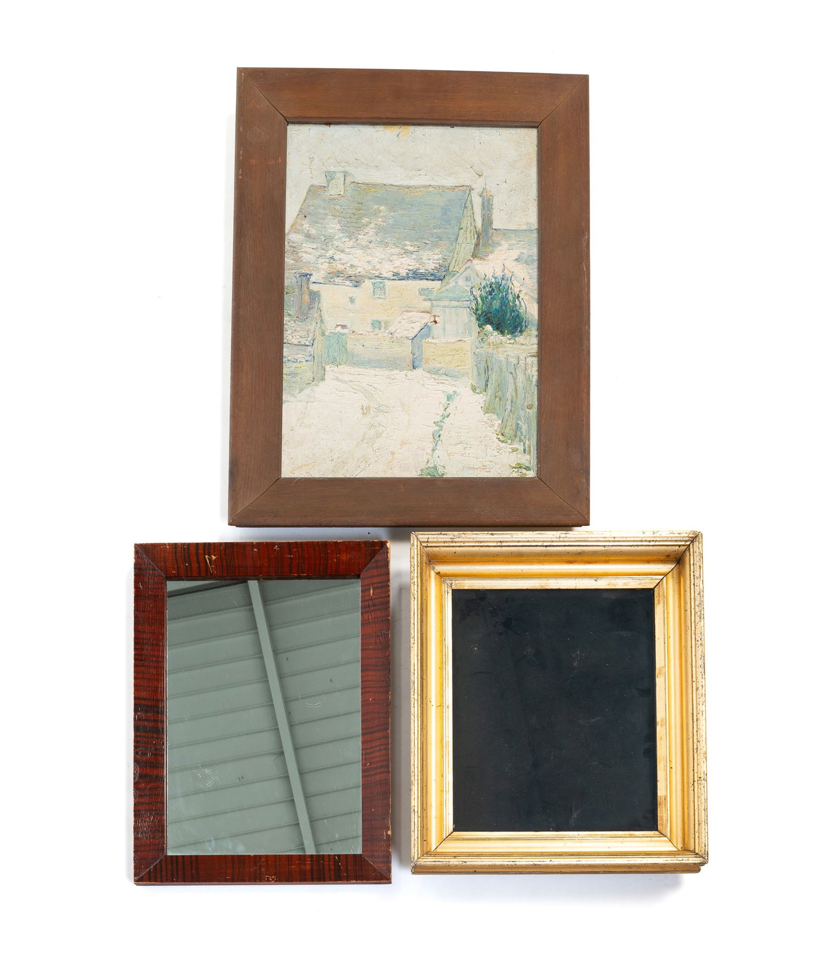 THREE FRAMED ITEMS, INCL. GRAIN-PAINTED MIRROR, WINTER SCENE OIL PAINTING, AND GILTWOOD SHADOW BOX (1 of 3)