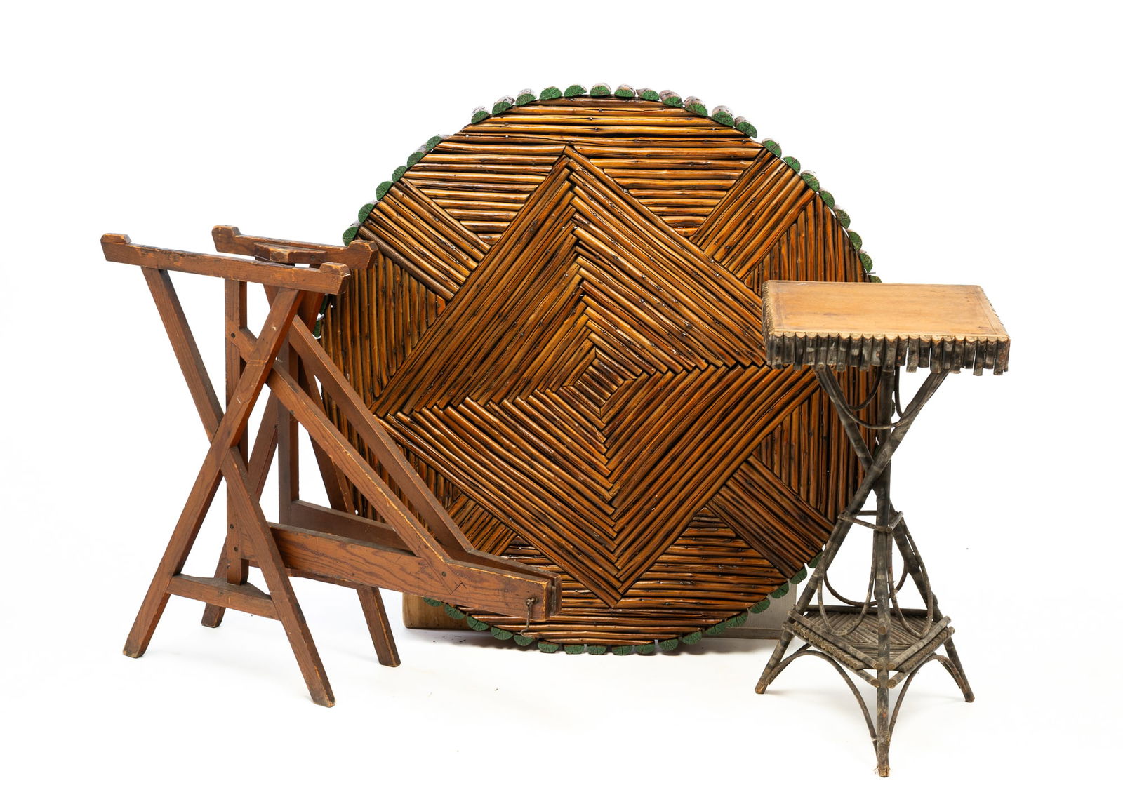 ADIRONDACK STYLE PAINTED TWIG SIDE TABLE, TWIG TABLETOP, AND A FOLDING TRESTLE BASE. (1 of 6)