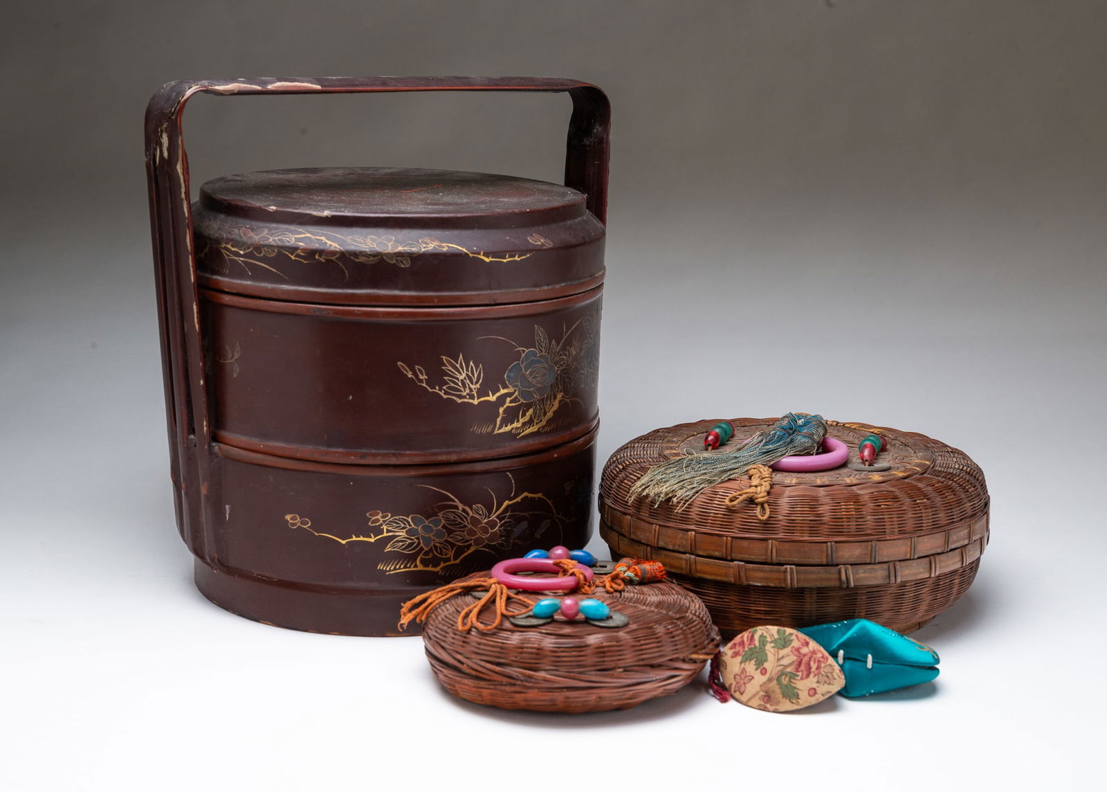 CHINESE LACQUERED WEDDING BASKET, TWO SEWING BASKETS, AND TWO ACCOUTREMENTS. (1 of 5)