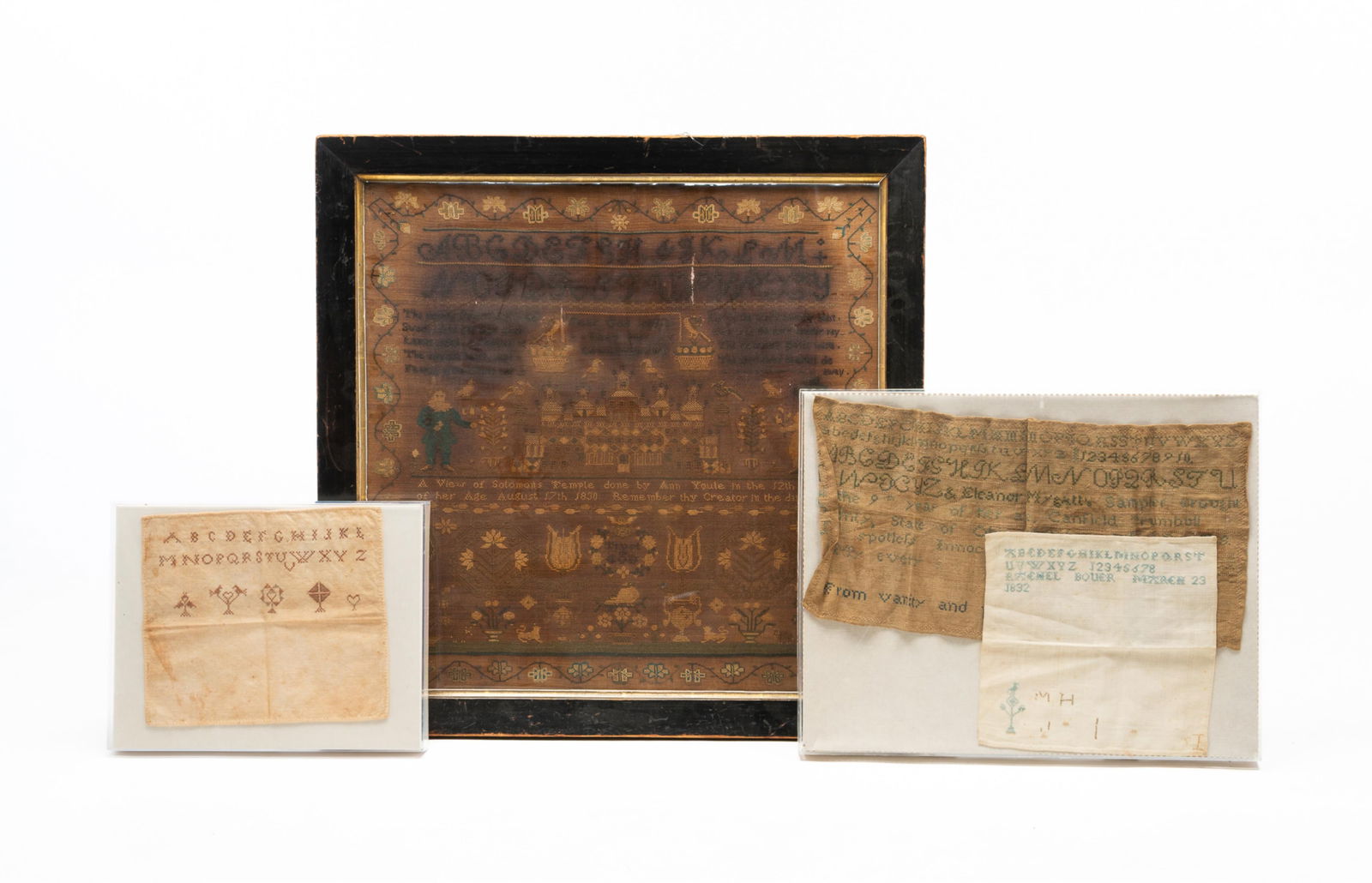 FOUR NEEDLEWORK SAMPLERS, INCL. ANN YOULE (ENGLISH, B. 1818) SOLOMON'S TEMPLE EXAMPLE. (1 of 8)