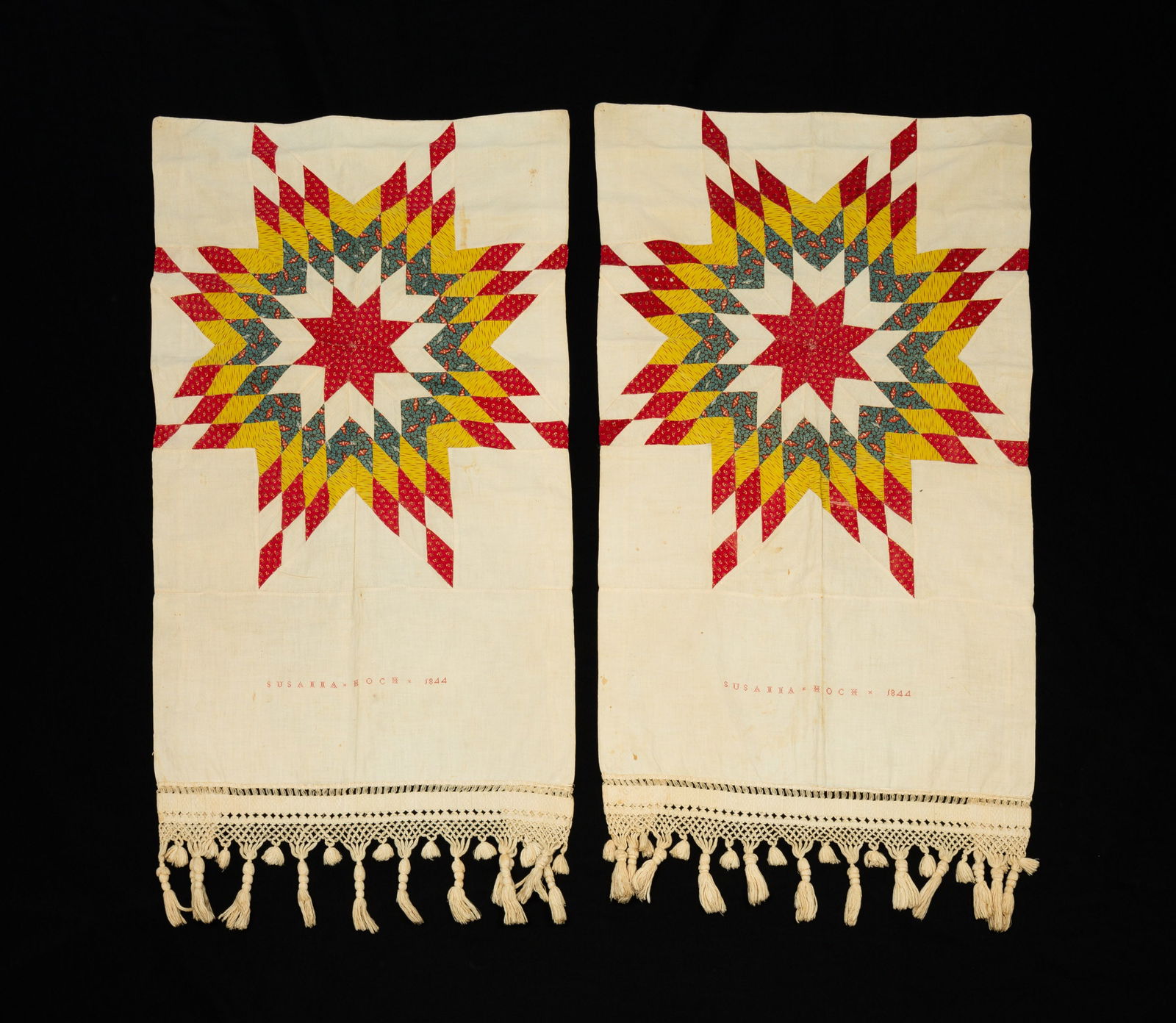 PAIR OF AMERICAN EIGHT-POINT STAR QUILTED PILLOWCASES, DATED 1844. (1 of 5)