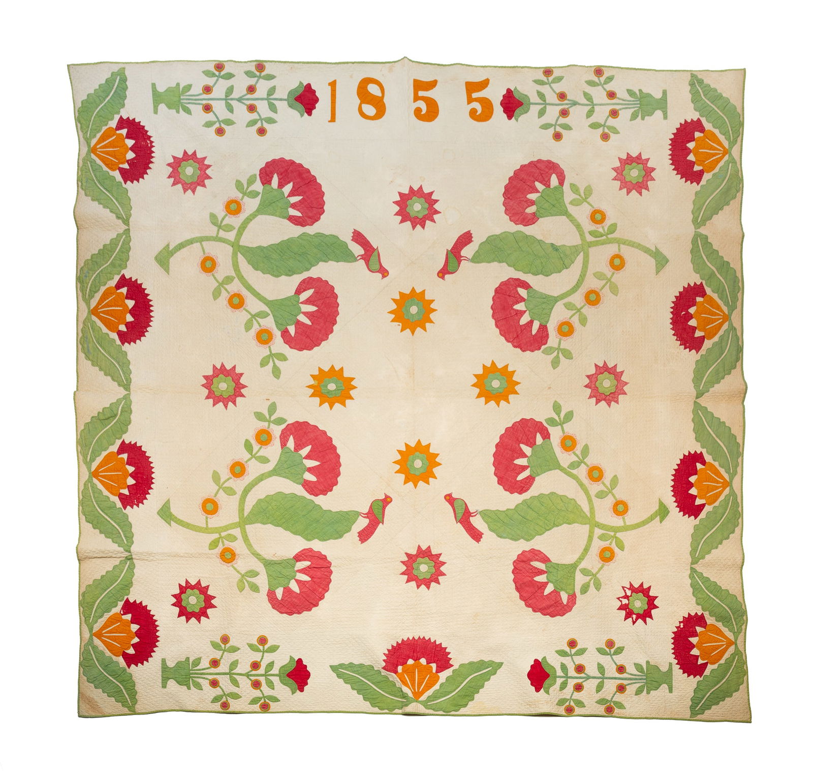 AMERICAN COTTON APPLIQUE FLORAL QUILT, DATED 1855. (1 of 7)