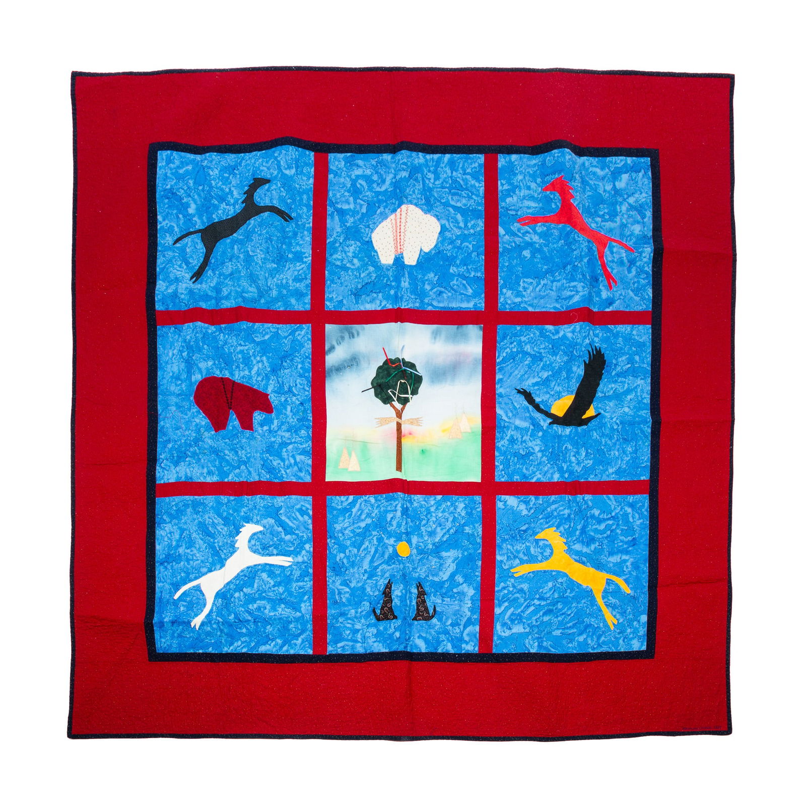 LAKOTA PEOPLE COTTON "MITAKUYE OYASIN" QUILT, DATED 1997. (1 of 5)