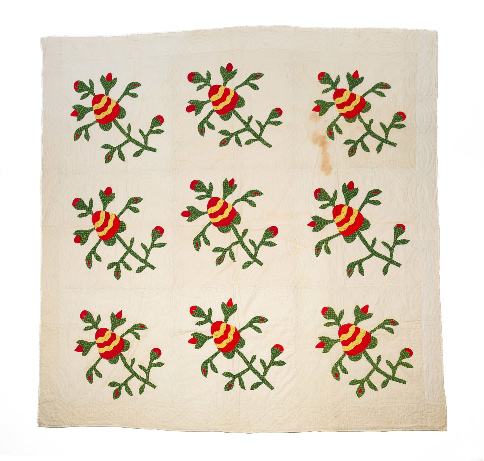 AMERICAN COTTON APPLIQUE NINE-BLOCK FORAL QUILT. (1 of 4)