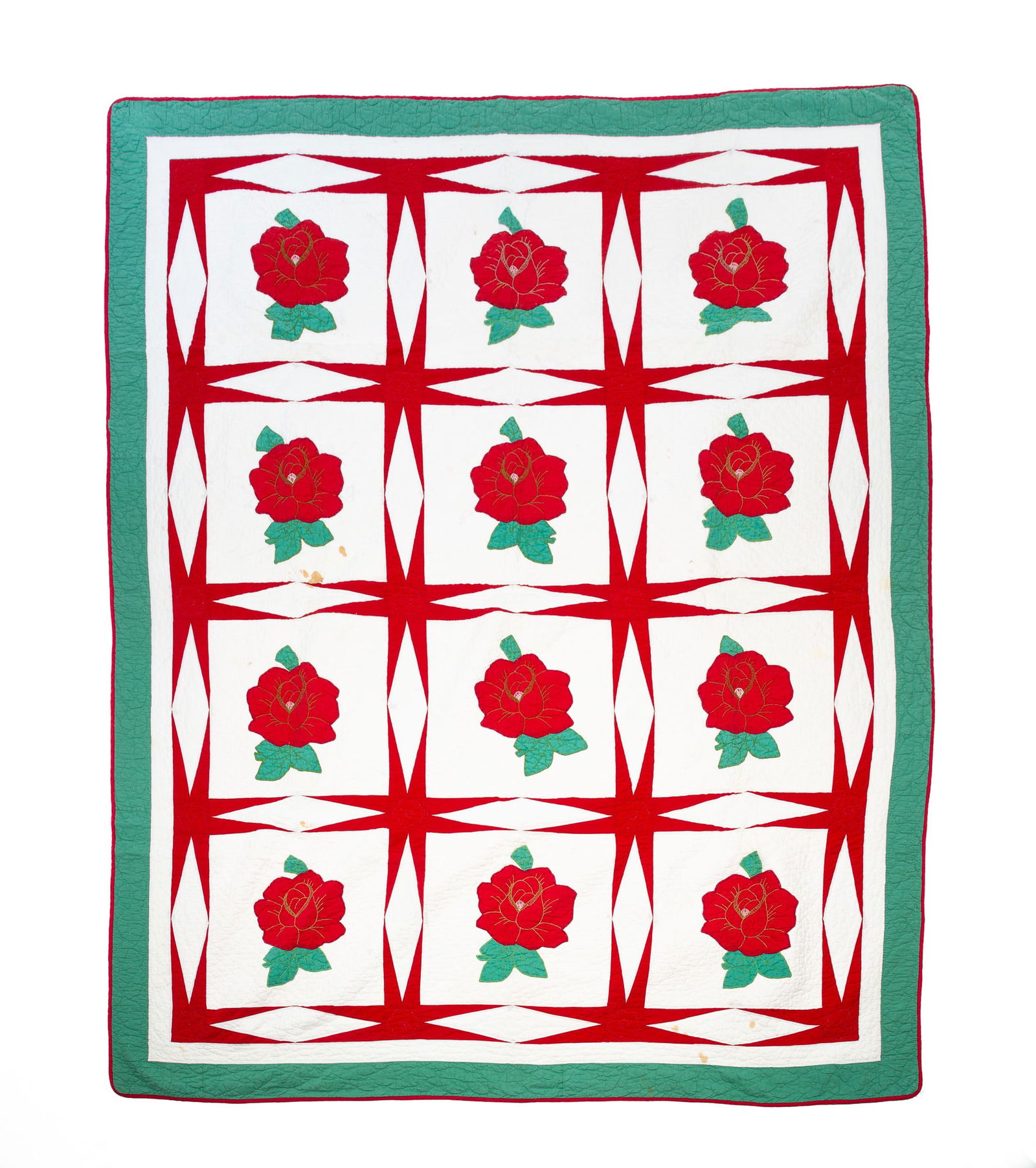AMERICAN COTTON APPLIQUE EIGHT-POINT STAR AND ROSE QUILT. (1 of 4)