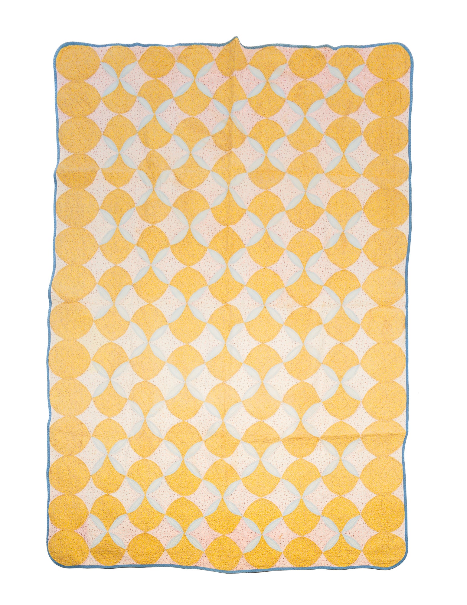 AMERICAN COTTON PIECEWORK WEDDING RING QUILT.: Early 20th Century. Hand-stitched. Multi-colored, patterned, and solid blue fabrics. Dark blue binding.Provenance: From the Lifetime Quilt and Textile Collection of Louise A. Veninga (Santa Cruz,