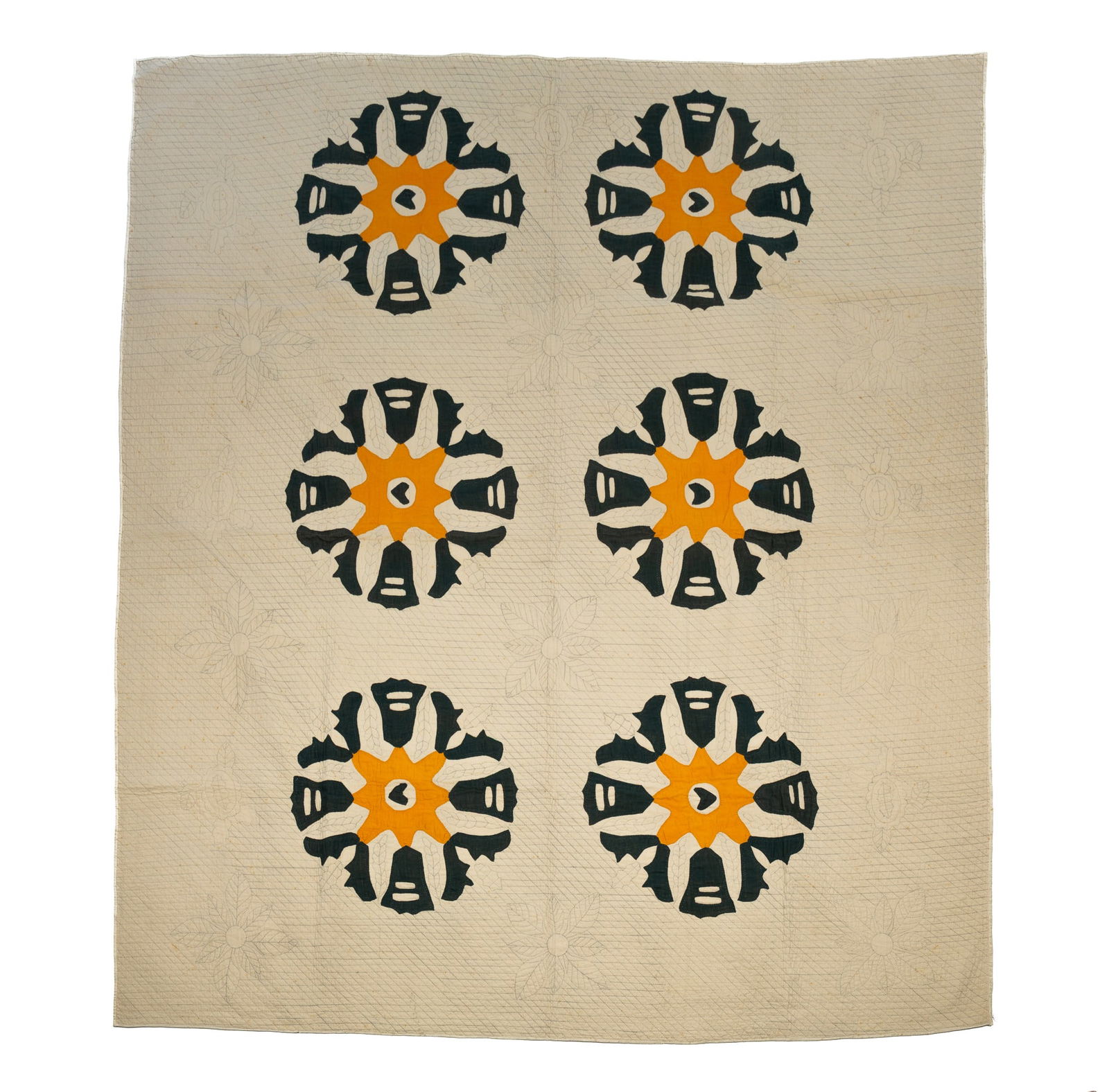 AMERICAN COTTON APPLIQUE UNFINISHED QUILT.: Second half 19th Century. Hand-stitched. White background with pencil-drawn pattern remaining and six green and yellow medallions sewn on but not quilted.Provenance: From the Lifetime Quilt and