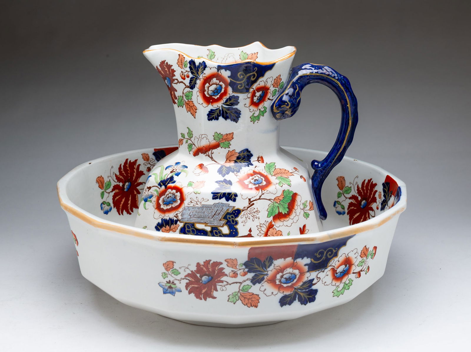MASON'S IRONSTONE PITCHER AND BOWL. (1 of 9)