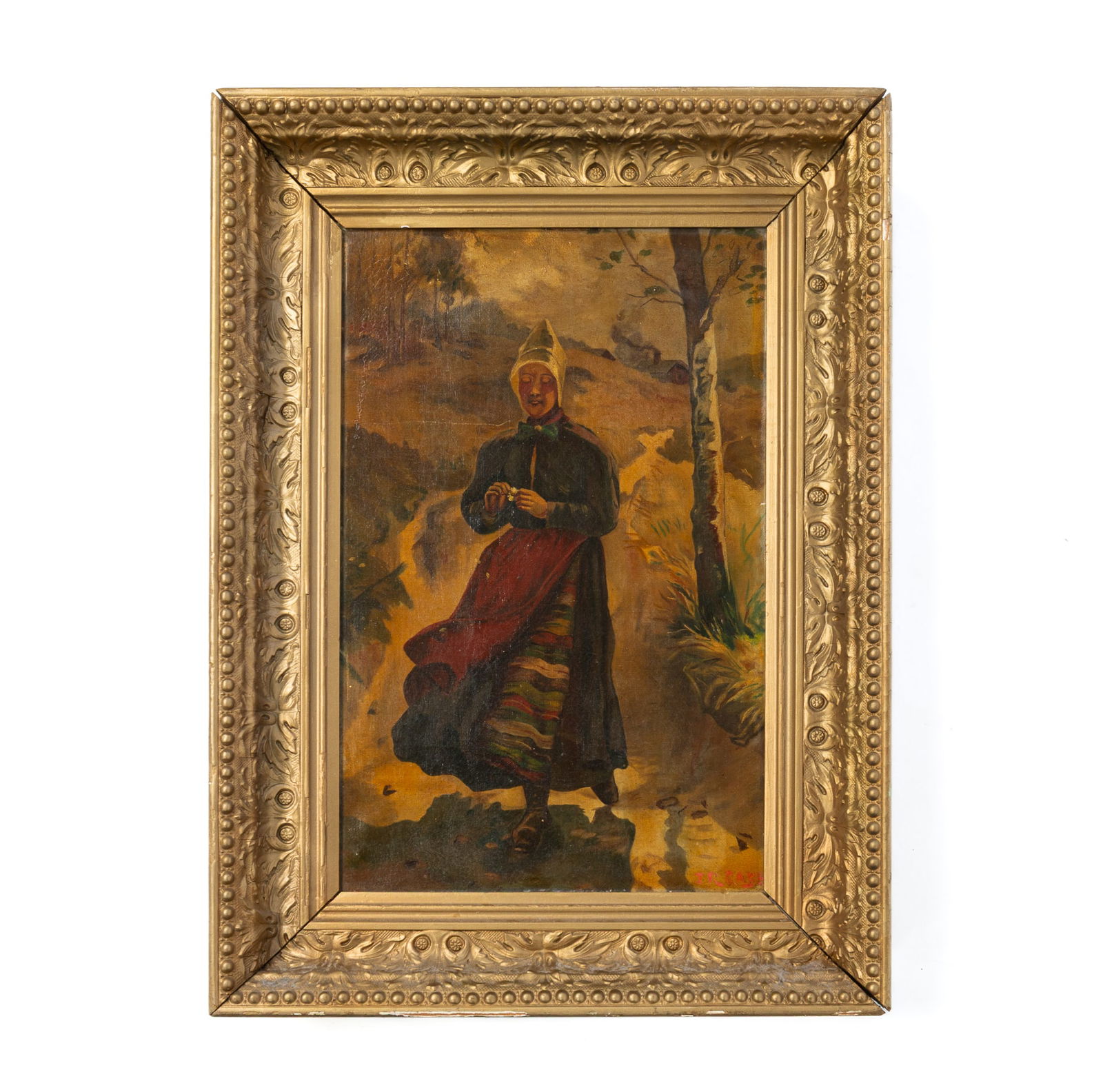 EUROPEAN SCHOOL OIL ON CANVAS PORTRAIT OF A WOMAN PICKING PETALS IN LANDSCAPE. (1 of 4)