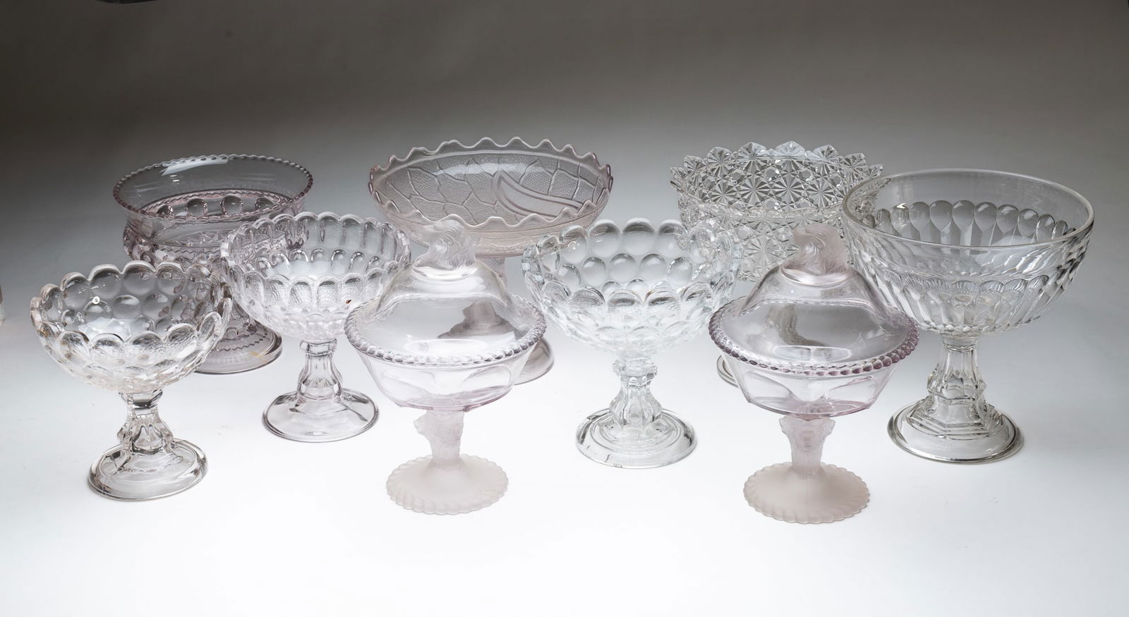 NINE AMERICAN PATTERN GLASS COMPOTES. (1 of 8)