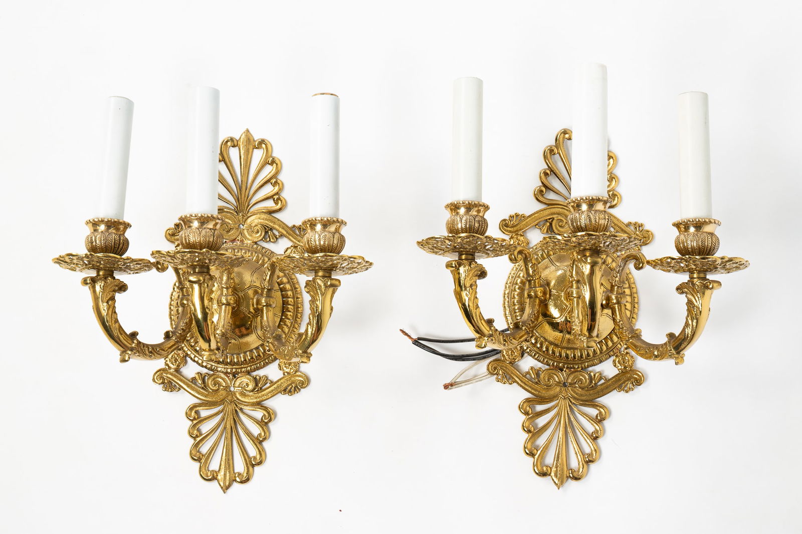 PAIR OF AMERICAN CLASSICAL REVIVAL BRASS THREE-ARM WALL SCONCES. (1 of 3)