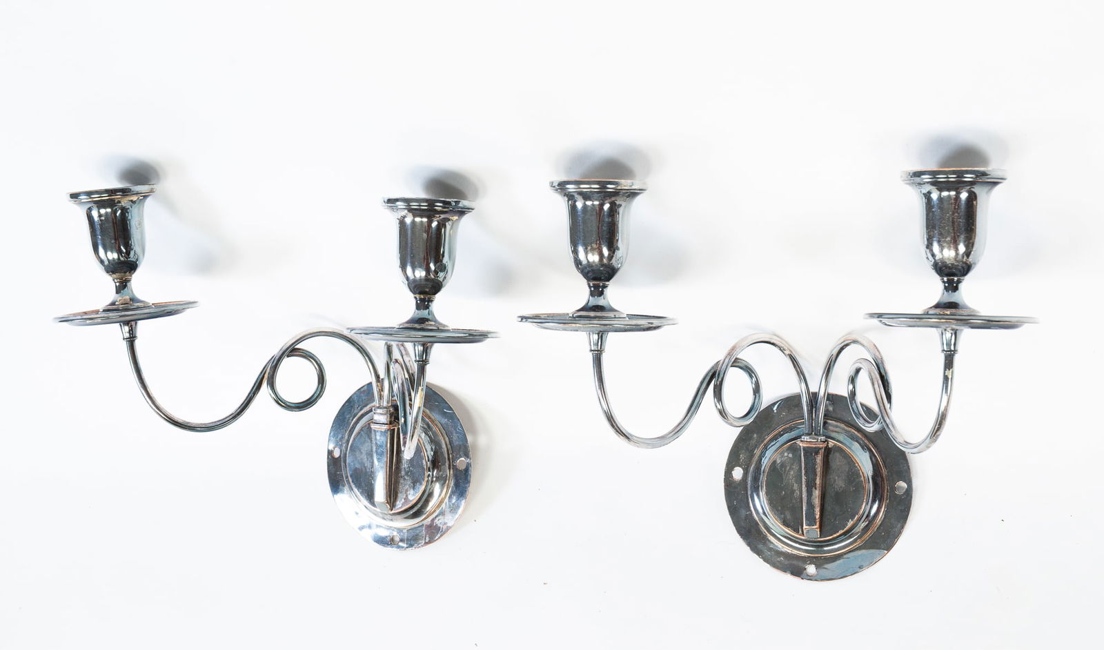 PAIR OF AMERICAN SILVER PLATE TWO-LIGHT WALL SCONCES. (1 of 5)