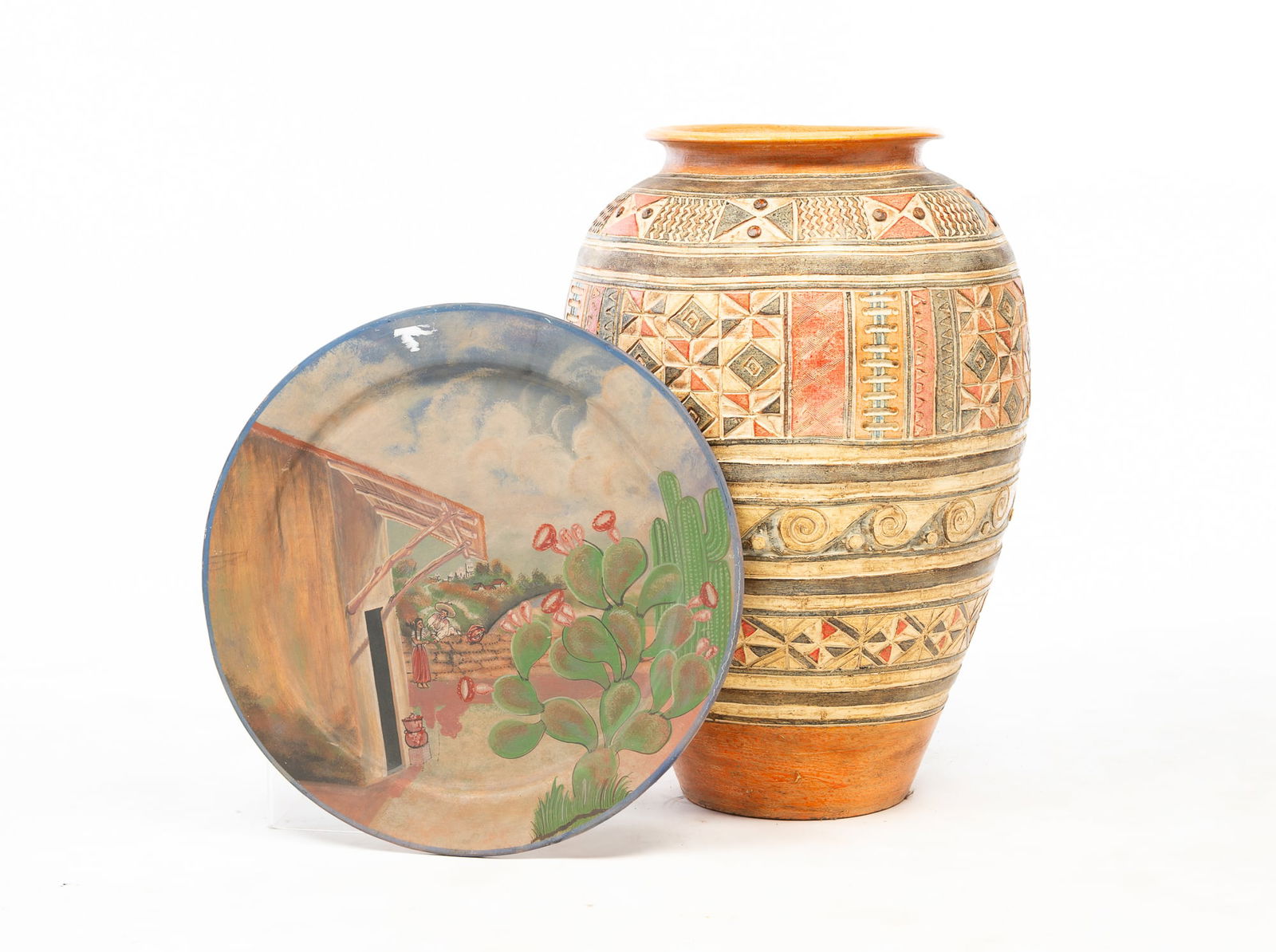 LARGE POLYCHROME-GLAZED EARTHENWARE FLOOR VASE AND WALL PLATE. (1 of 5)