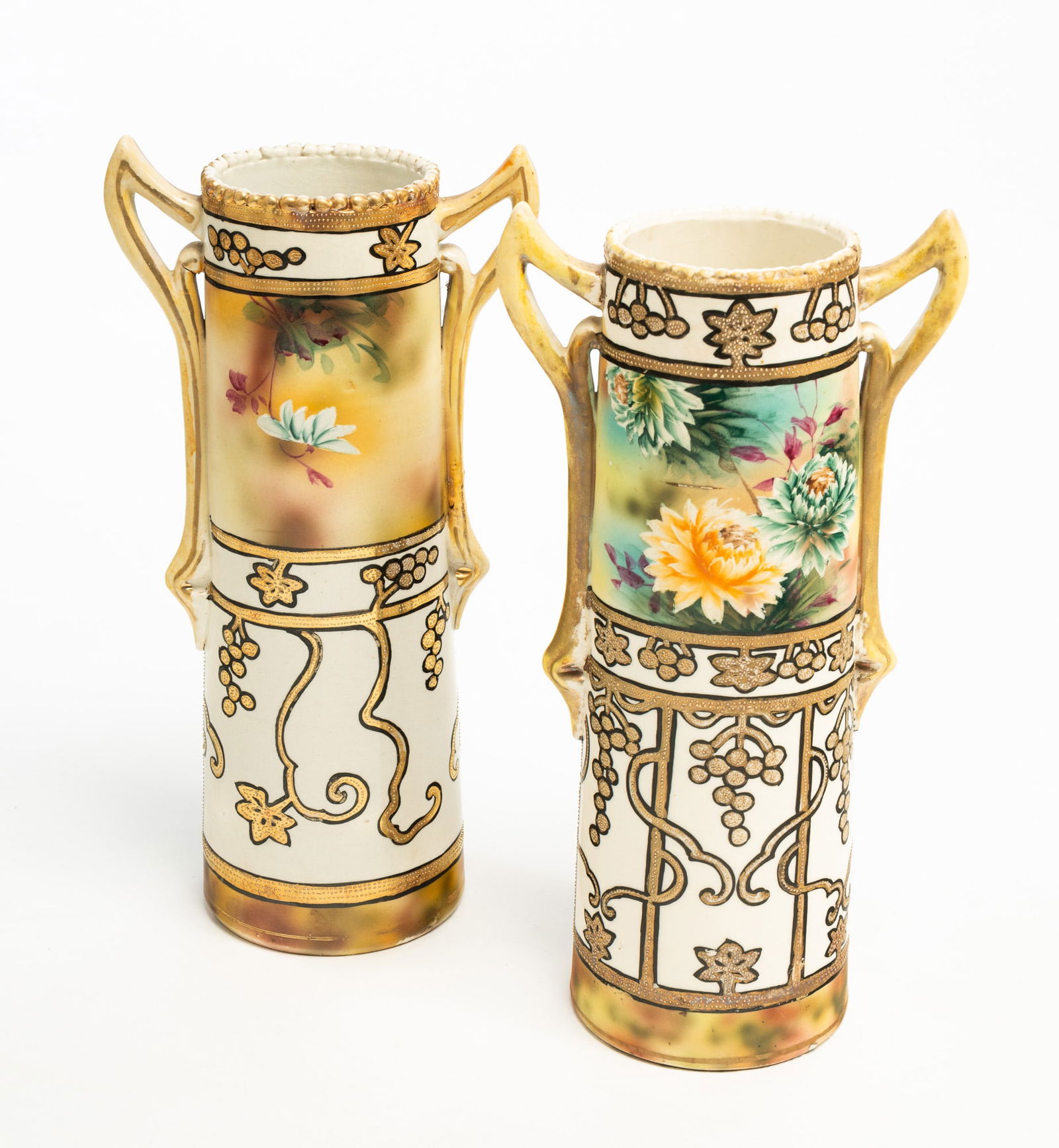 PAIR OF JAPANESE ENAMEL-DECORATED DOUBLE-HANDLED VASES. (1 of 4)