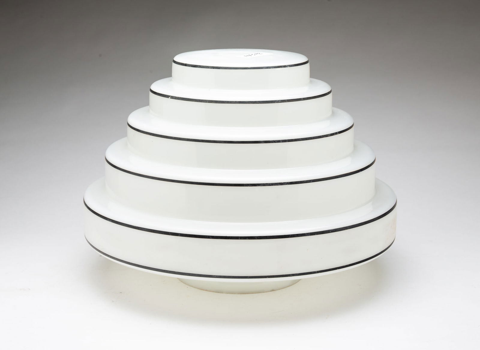 AMERICAN ART DECO MILK GLASS SHADE.: 20th Century. Of beehive form with black pinstriping at edges. Provenance: From the Lifetime Collection of Darwin D. Bearley. 10"h. 14"dia.