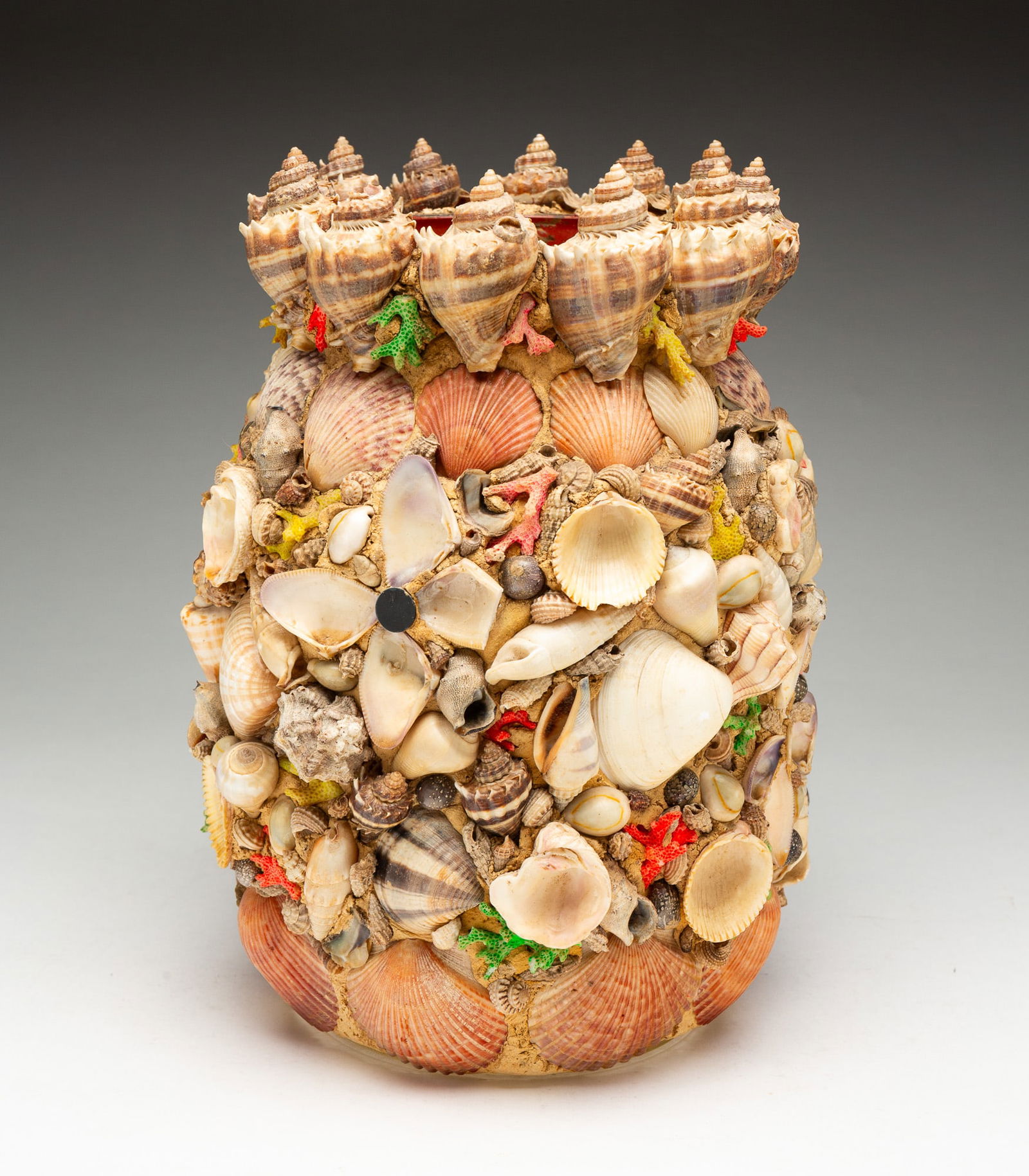 AMERICAN FOLK ART SHELL AND CORAL-DECORATED JAR. (1 of 4)