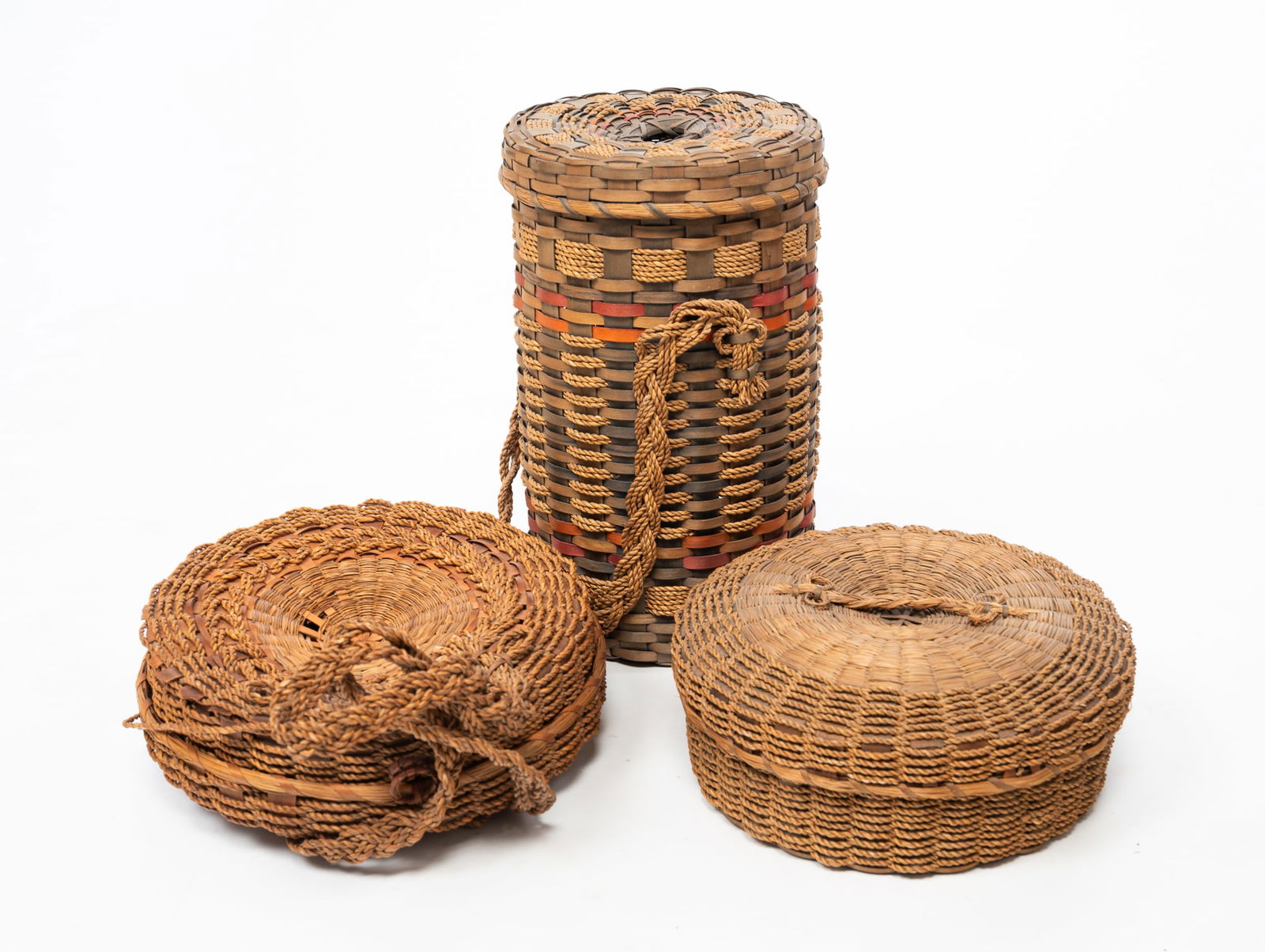 THREE NATIVE AMERICAN SPLINT-WOVEN AND SWEETGRASS SEWING BASKETS. (1 of 5)