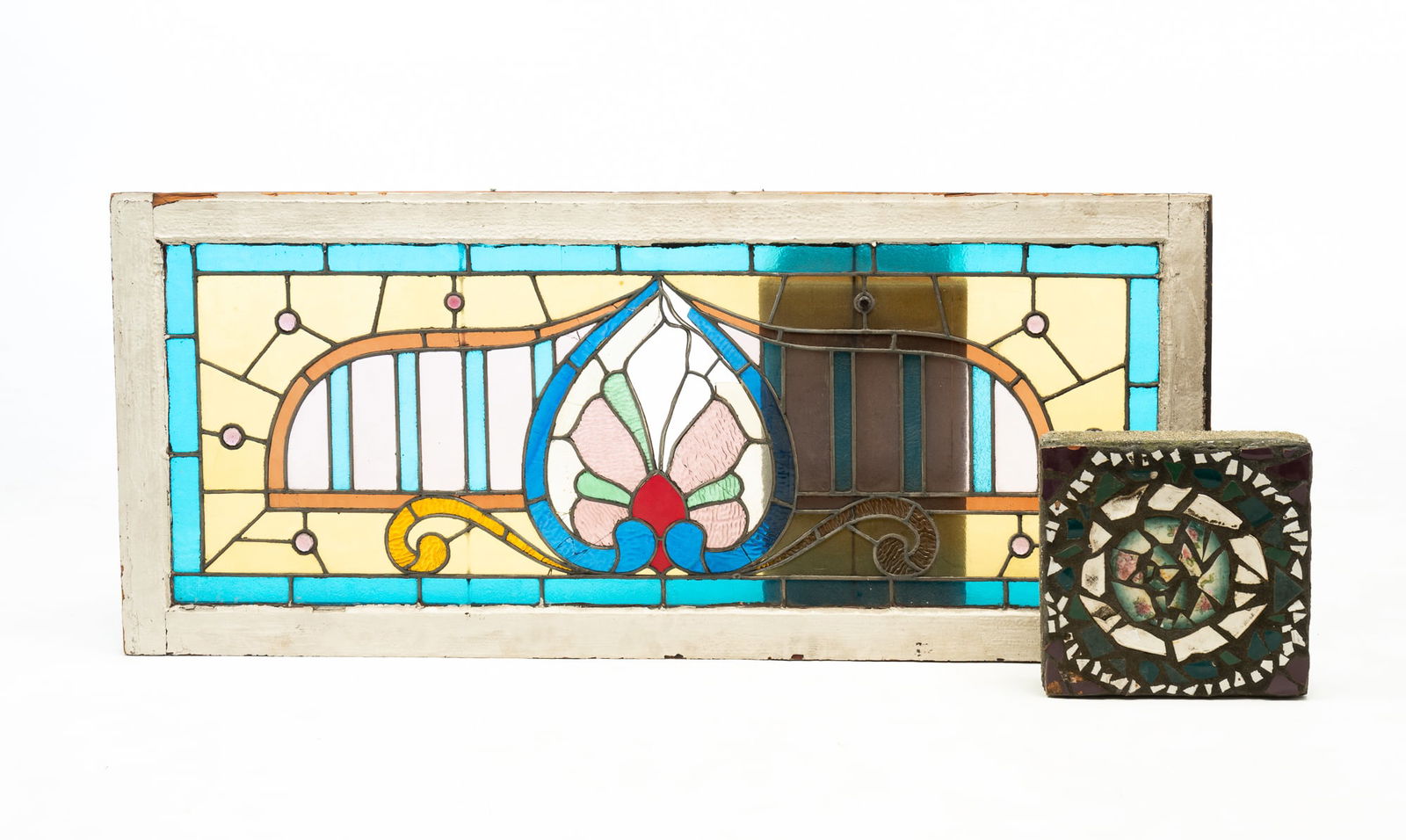 AMERICAN STAINED GLASS ARCHITECTURAL WINDOW PANEL AND MOSAIC BLOCK. (1 of 4)