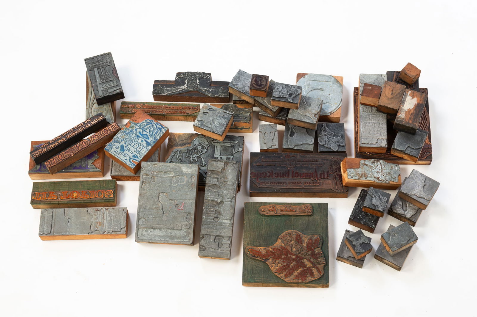 COLLECTION OF FORTY-FIVE WOOD AND METAL BLOCK INK STAMPS. (1 of 4)