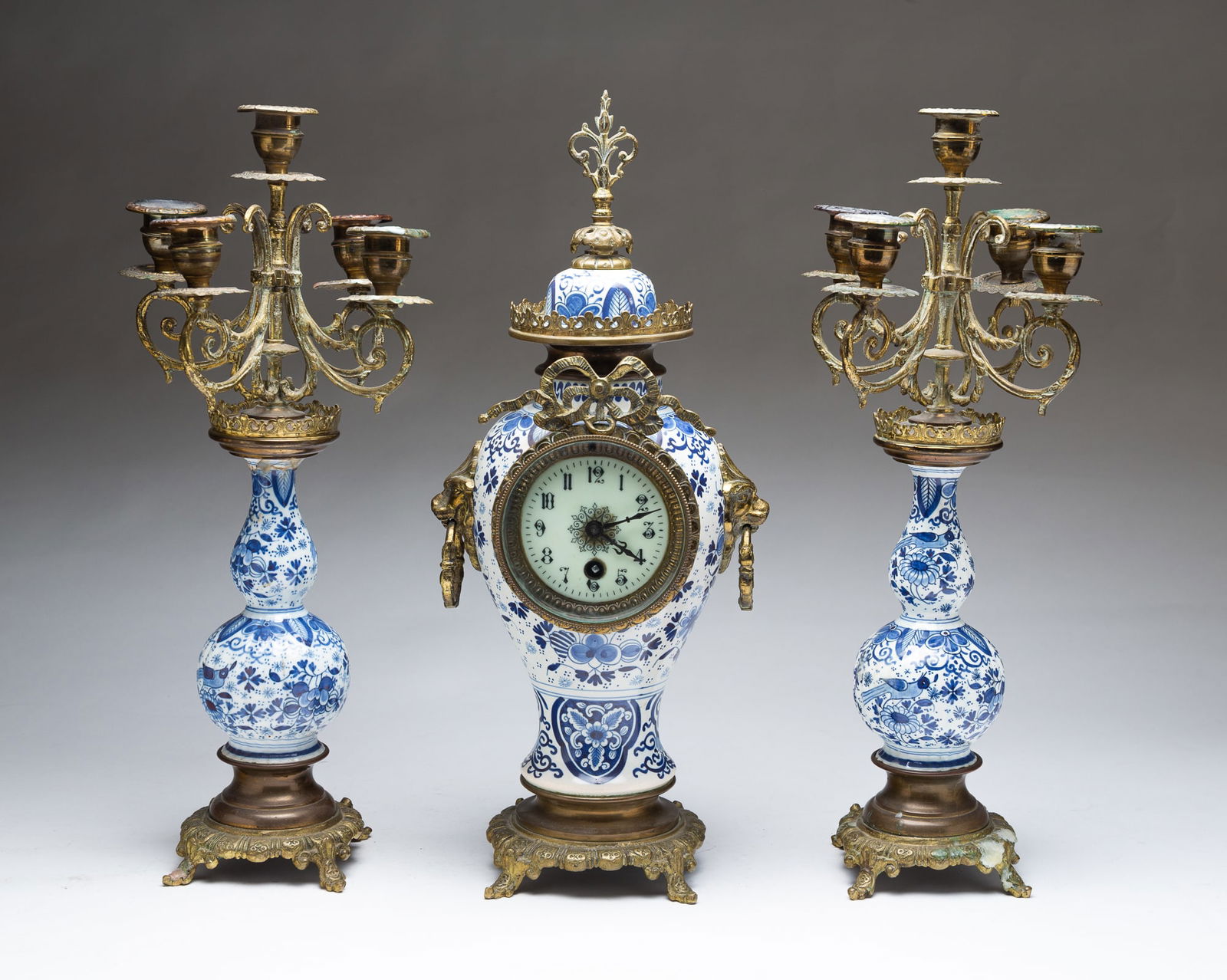 EUROPEAN TIN GLAZE FAIENCE CLOCK WITH CANDELABRA SET (1 of 9)