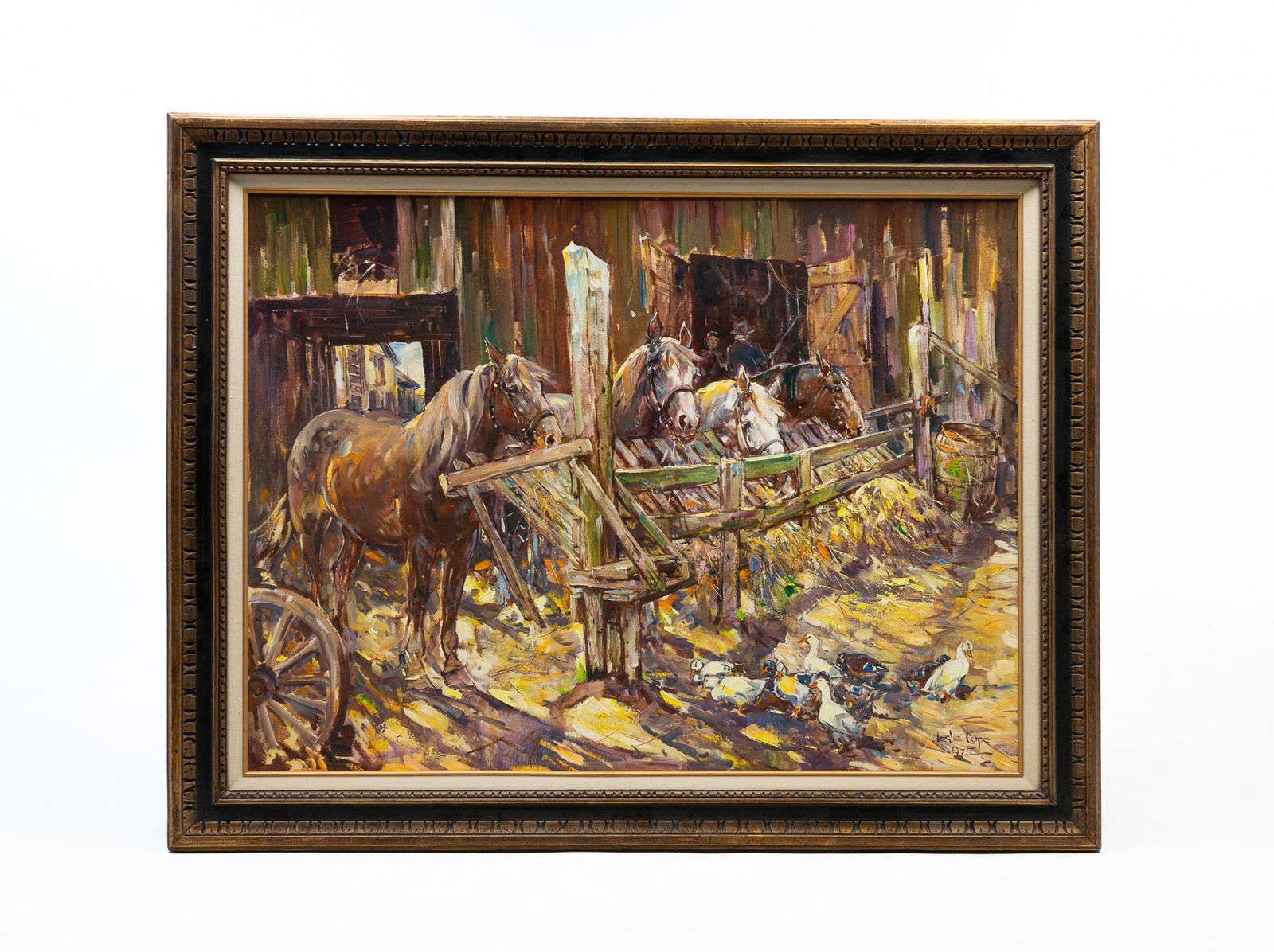 LESLIE COPE (OHIO, 1913-2002) "PONIES EATING HAY" OIL ON CANVAS, DATED 1975. (1 of 5)