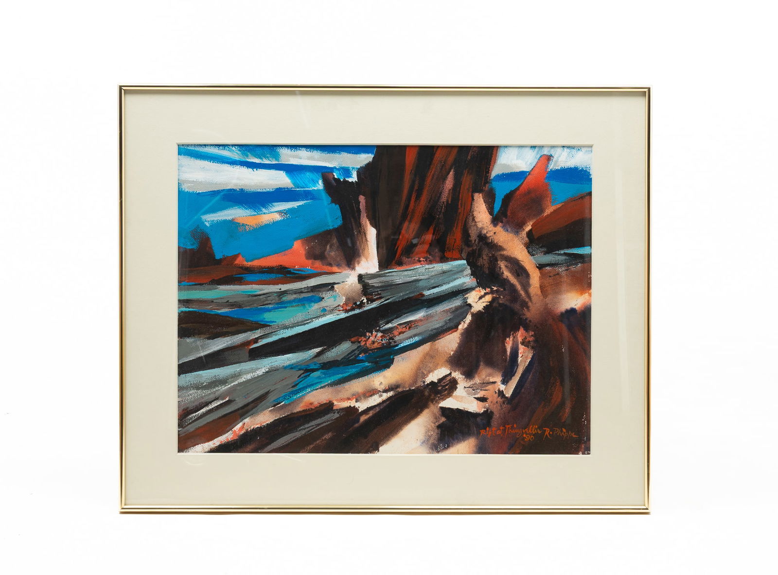 RICHARD PHIPPS (COLUMBUS, OHIO, 1928-2005) "RIFT AT THINGVELLIR" WATERCOLOR, GOUACHE, AND ACRYLIC,: American. On paper. Colorful abstract depiction of the famous and historic geologic fault line in Iceland, titled, signed, and dated at lower left, matted and framed. Frame 24.25"h. 30.25"w.