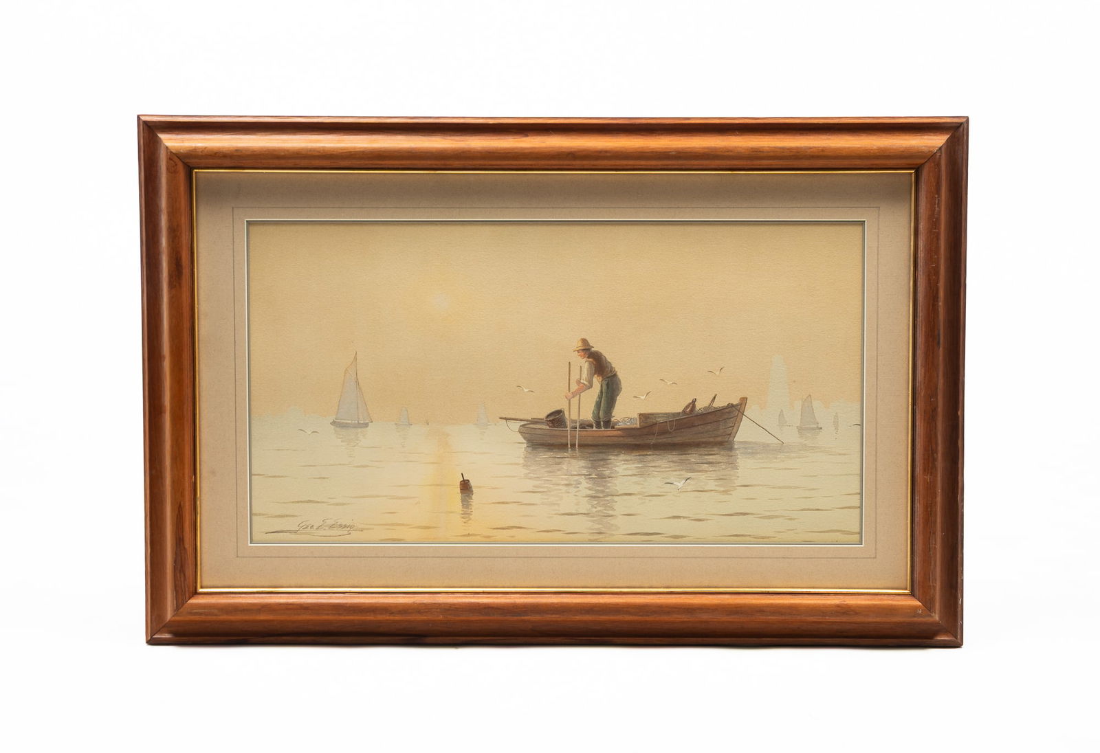 GEORGE EMERICK ESSIG (AMERICAN, 1838-1926) WATERCOLOR OF MAN IN FISHING BOAT. (1 of 5)