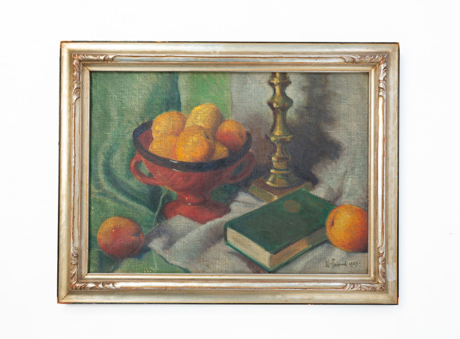 W. FRIEND (AMERICAN) OIL ON CANVAS STILL LIFE OF PEACHES, DATED 1929. (1 of 4)