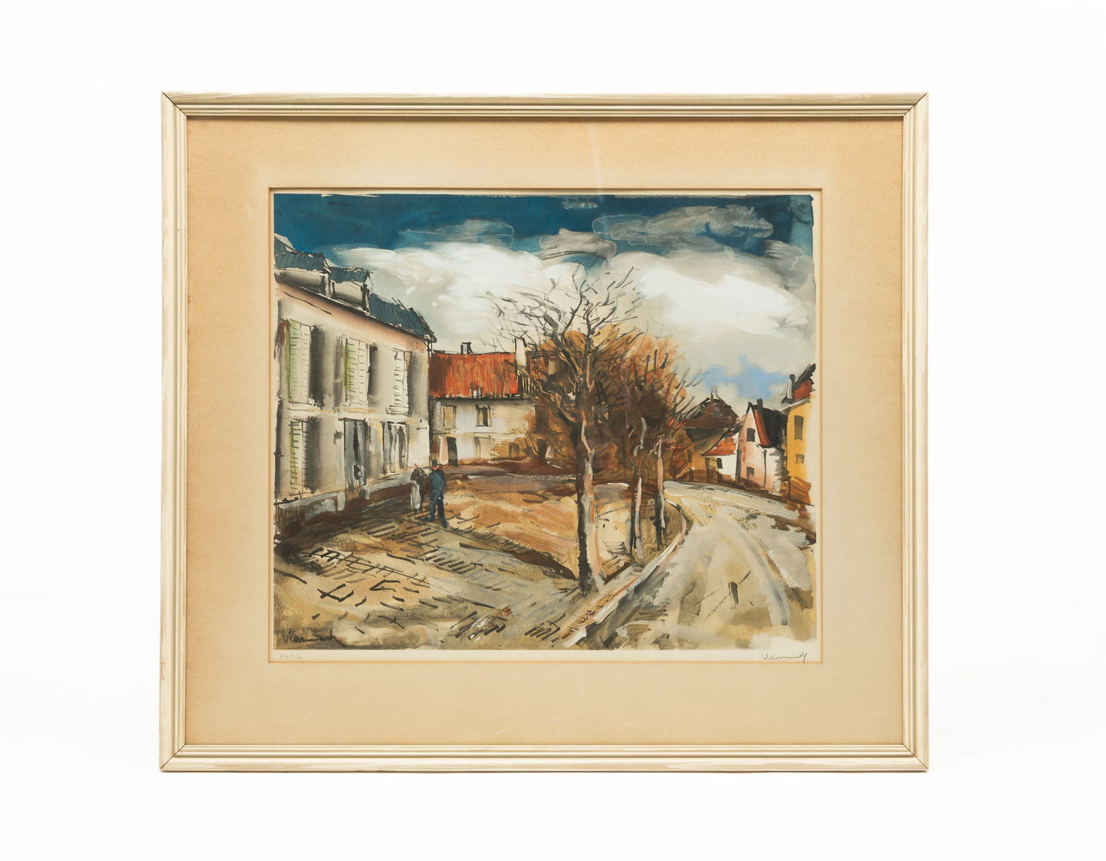 MAURICE DE VLAMINCK (FRENCH, 1876-1958) EUROPEAN STREETSCENE COLORED LITHOGRAPH.: Early 20th Century. Signed and numbered 74/250. A tree-lined street in a neighborhood with two people talking. Matted and in a painted wood frame behind glass. 27.25"h. 30.75"w.