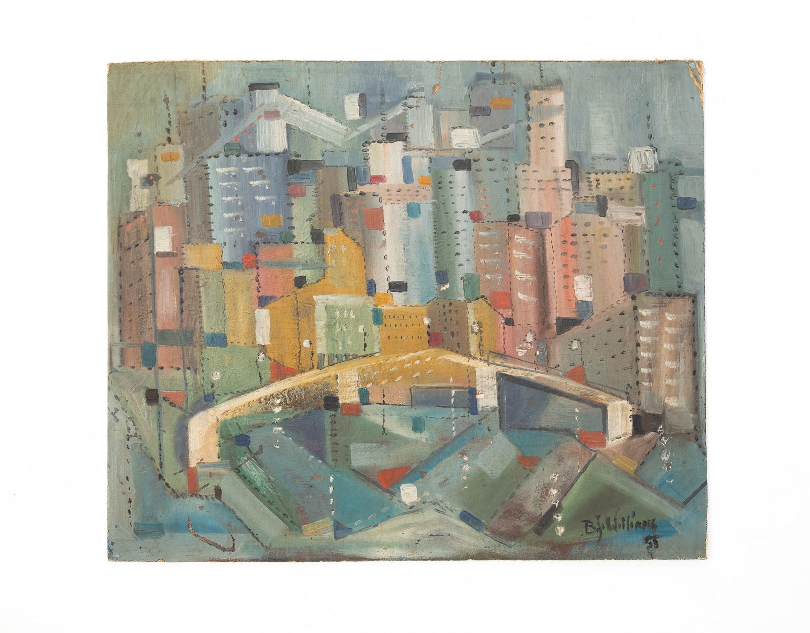 B.J. WILLIAMS (AMERICAN) OIL ON ARTIST BOARD OF MODERNIST CITYSCAPE, DATED 1955. (1 of 4)
