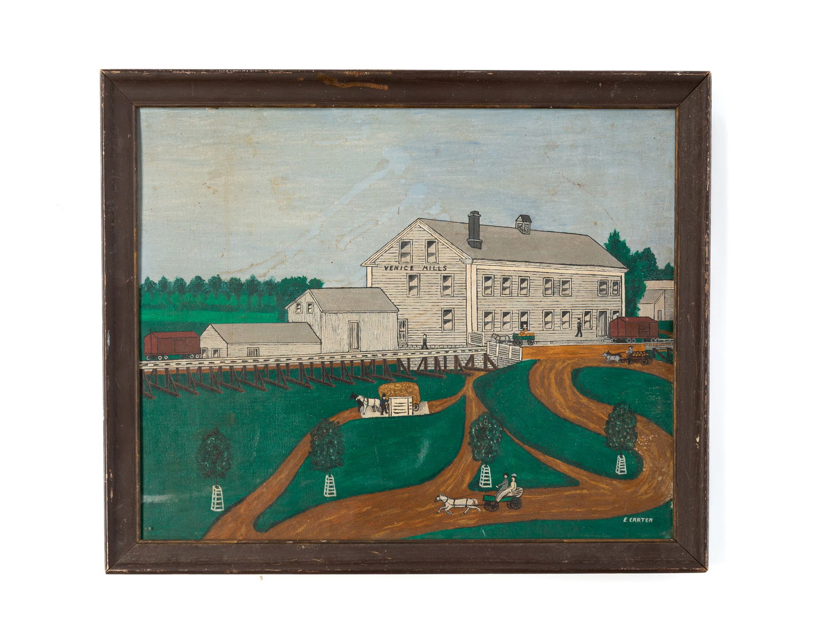 E. CARTER (AMERICAN) FOLK ART ACRYLIC ON CANVAS BOARD OF VENICE MILLS.: 20th Century. Depicting a bustling scene of a large white mill with figures, horse-drawn carts, and railcars. Signed "E. Carter" at lower right, in a painted wood frame.Provenance: From the Lifetime C
