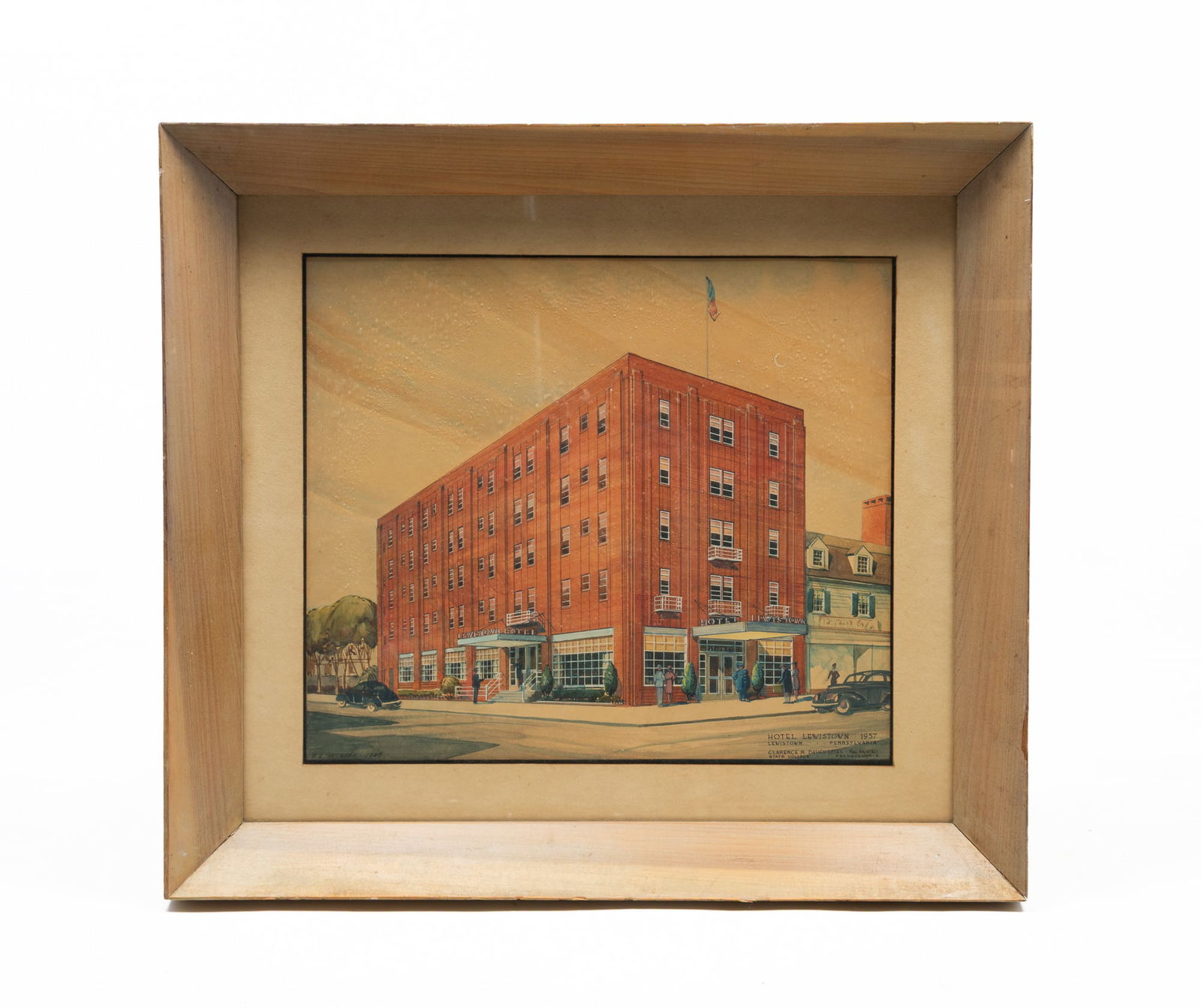 ARCHITECTURAL WATERCOLOR OF "HOTEL LEWISTON 1937".: American, Early 20th Century. Rendering of the Hotel Lewiston in Lewiston, Pennsylvania, by the architect Clarence M. Bauchspies of State College, Pennsylvania, signed "E.L. Whitaker 1936" at lower le