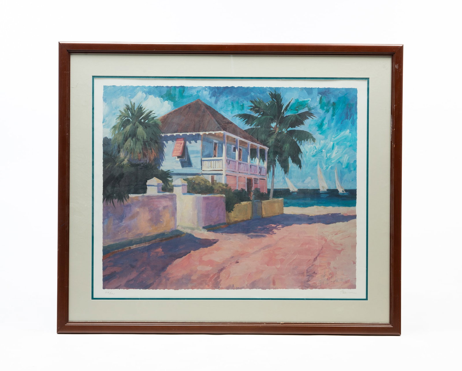 MICHAEL HALLINAN (AMERICAN, 20TH/21ST CENTURY) COLORED LITHOGRAPH OF COASTAL COTTAGE. (1 of 5)